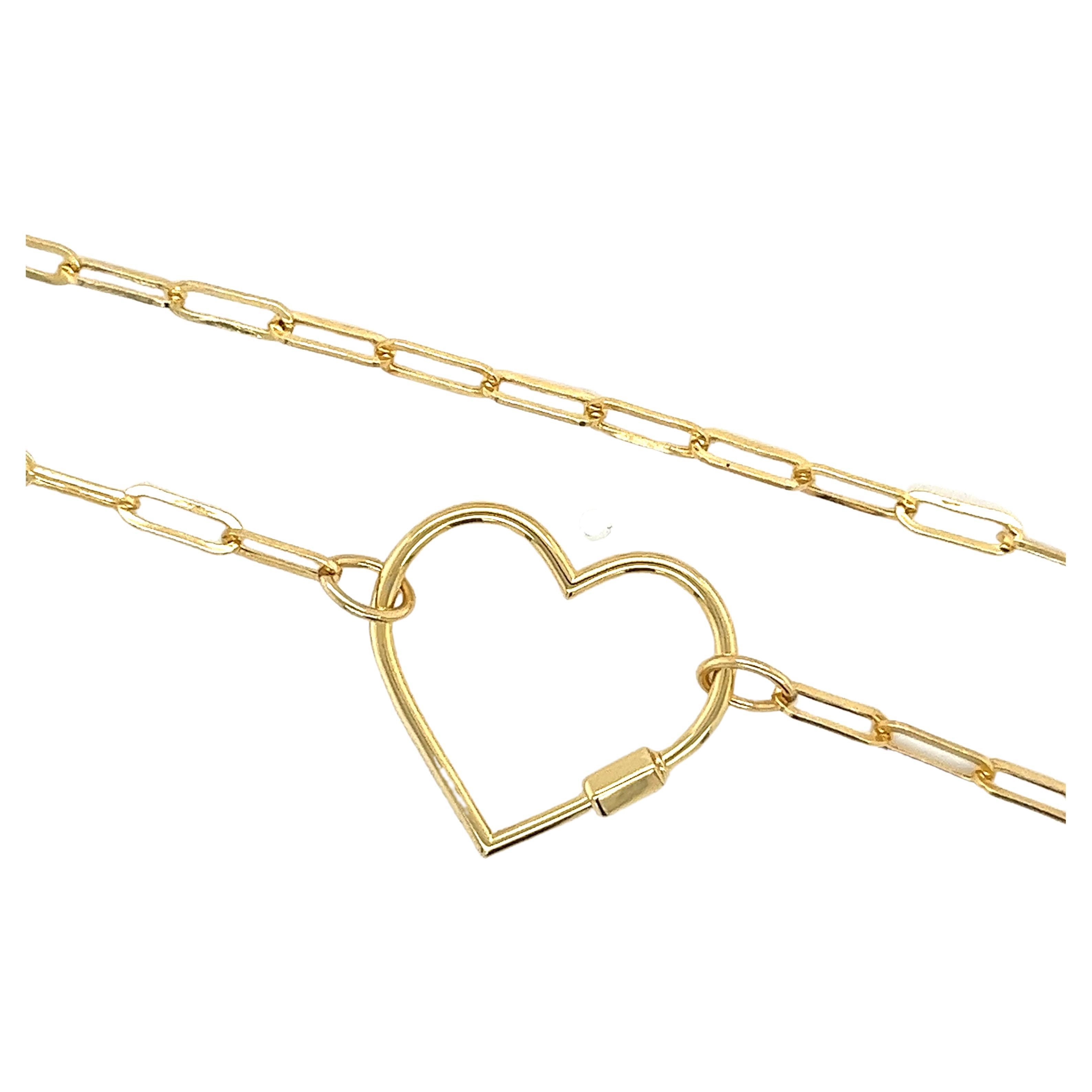 14 Karat Real Gold Heart Charm Necklace with Paper Clip Chain For Sale