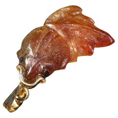 Antique 14kt Red Jadeite Fish Pendant Necklace, 19th Century, Unisex