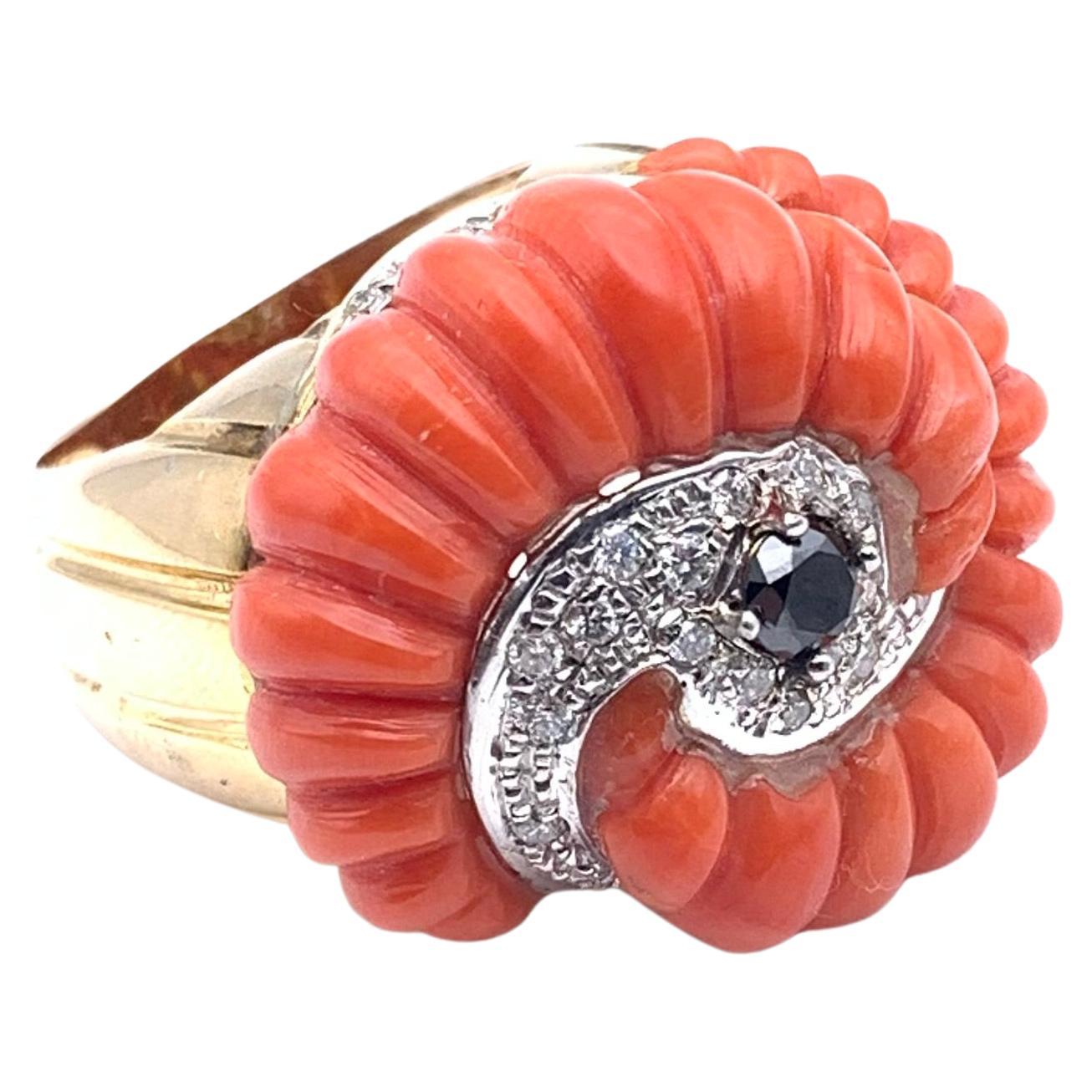 Anillo Retro 14KT Blanco y Negro Diamante y Coral