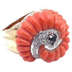 14KT Retro Schwarzer und weißer Diamant- und Korallenring