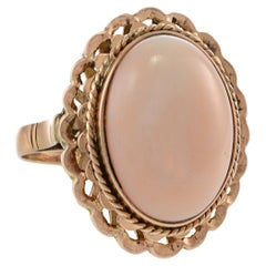 14KT Rose Gold Antique Natural Large Oval Cabochon Pink Coral Ring
