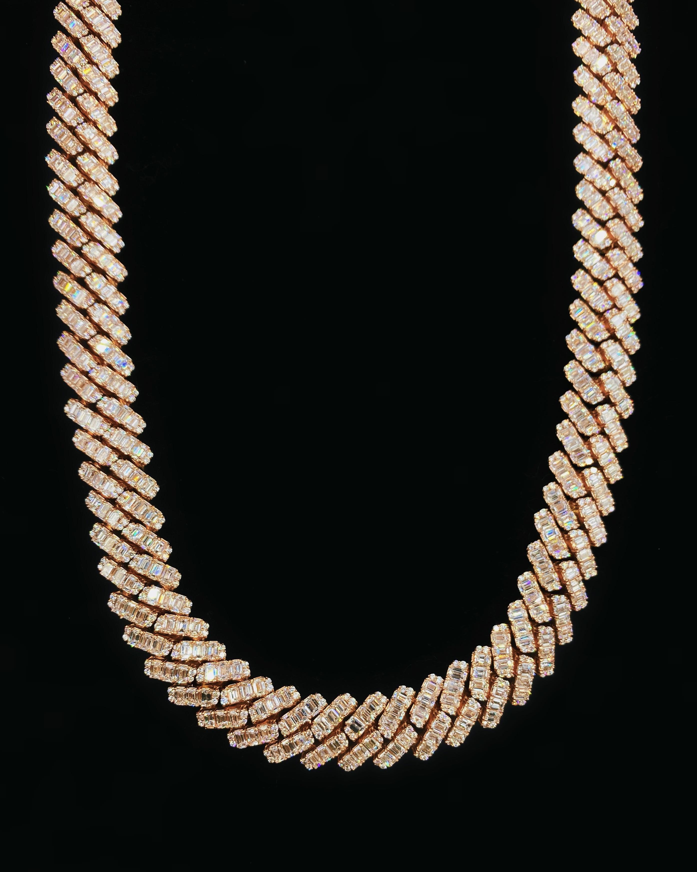 Crafted in 14kt rose gold 
82.60ct total weight diamonds
Emerald brilliant cut diamonds
Color/Clarity:F/G-VS2/SI1
Weight: 338 g
Lenght: 22.1