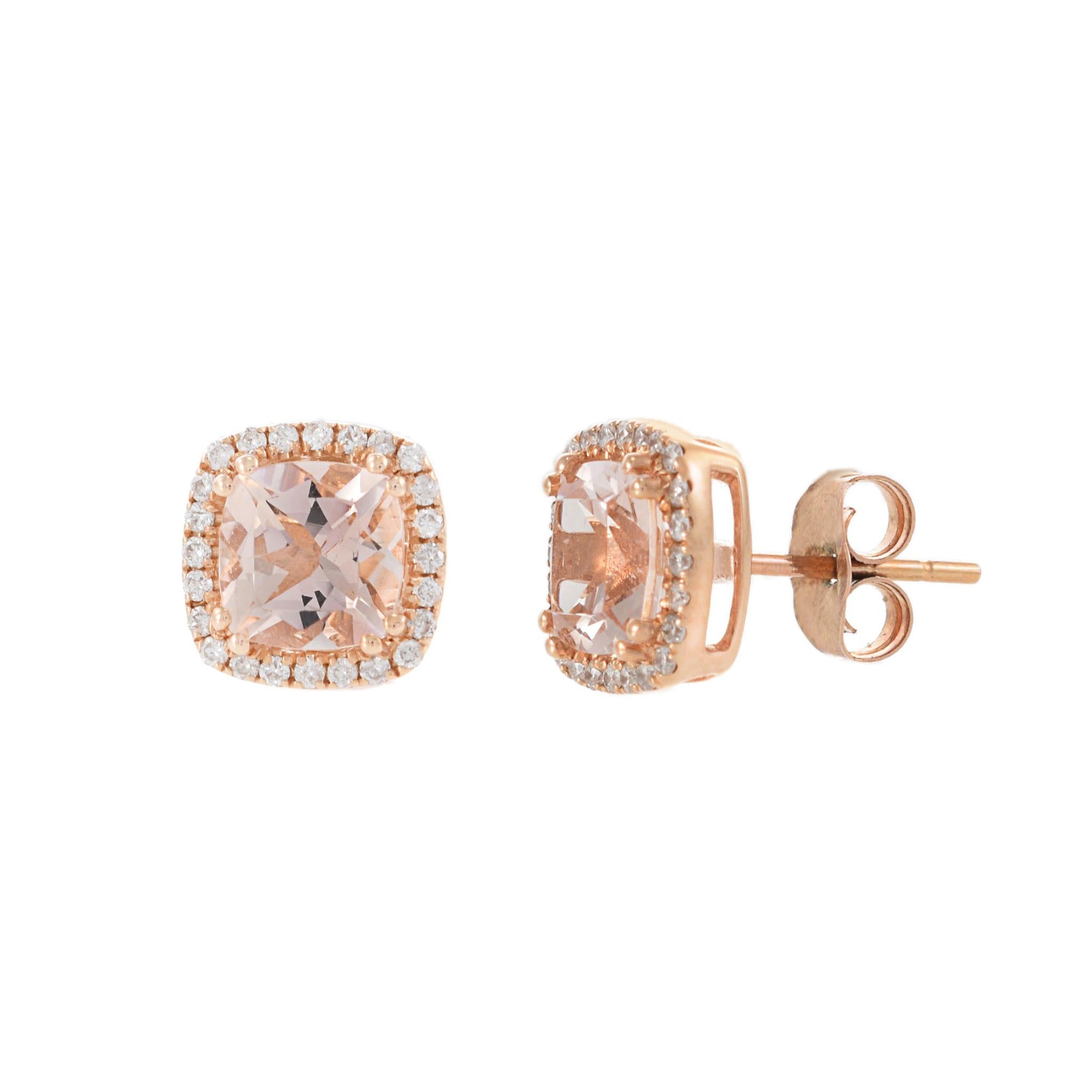 Modern 14KT Rose Gold Cushion Cut Morganite and Diamond Halo Earrings For Sale