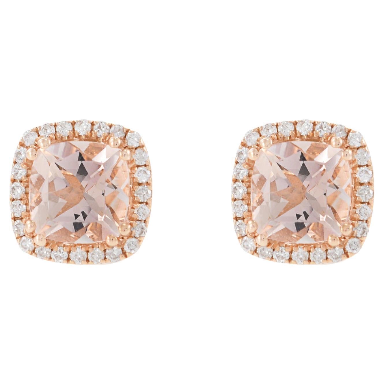 14KT Rose Gold Cushion Cut Morganite and Diamond Halo Earrings