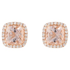 Boucles d'oreilles en or rose 14 carats avec Morganite taille coussin et halo de diamants