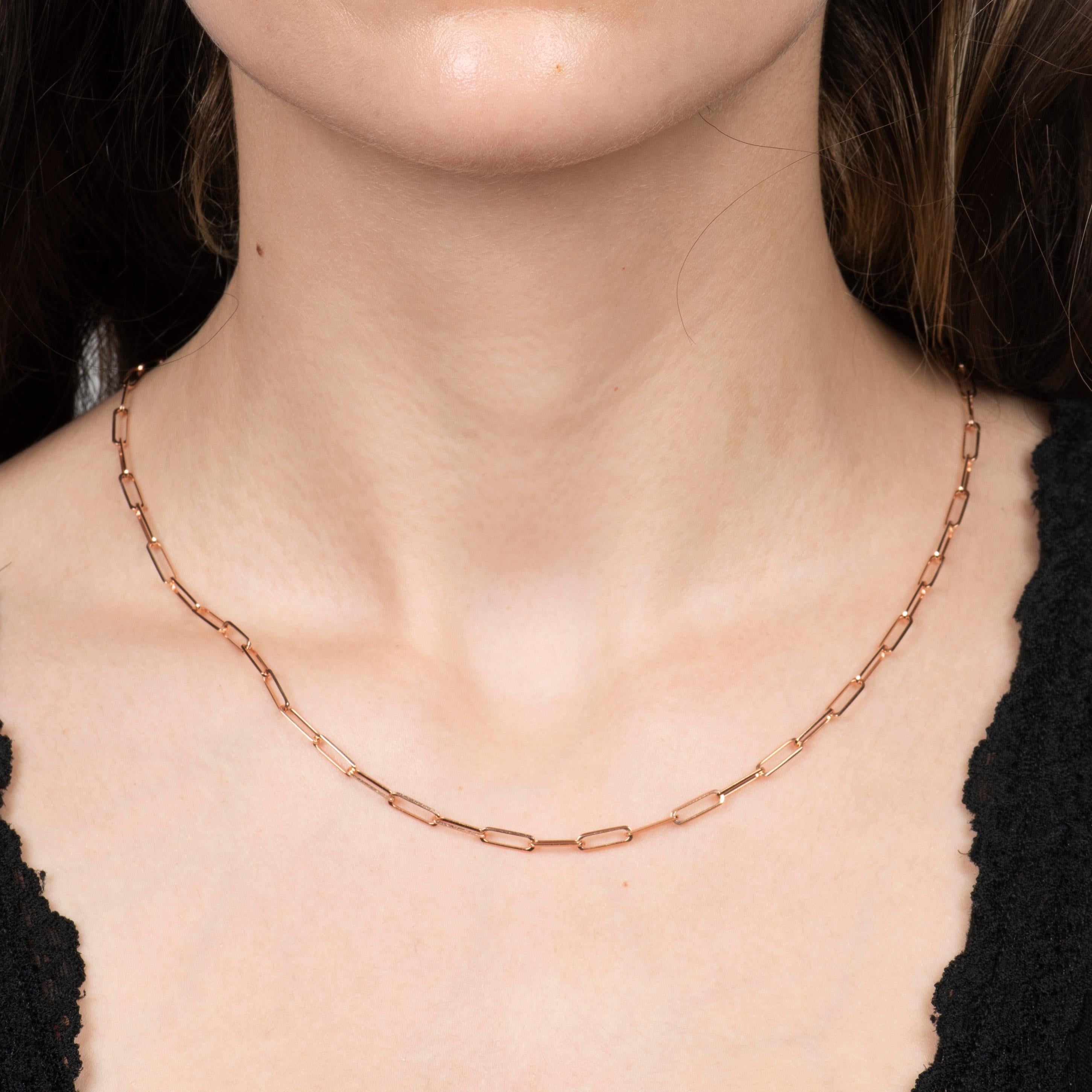 This simple necklace is a 14kt rose gold, 18 inch paperclip chain necklace. It is the perfect necklace for layering!