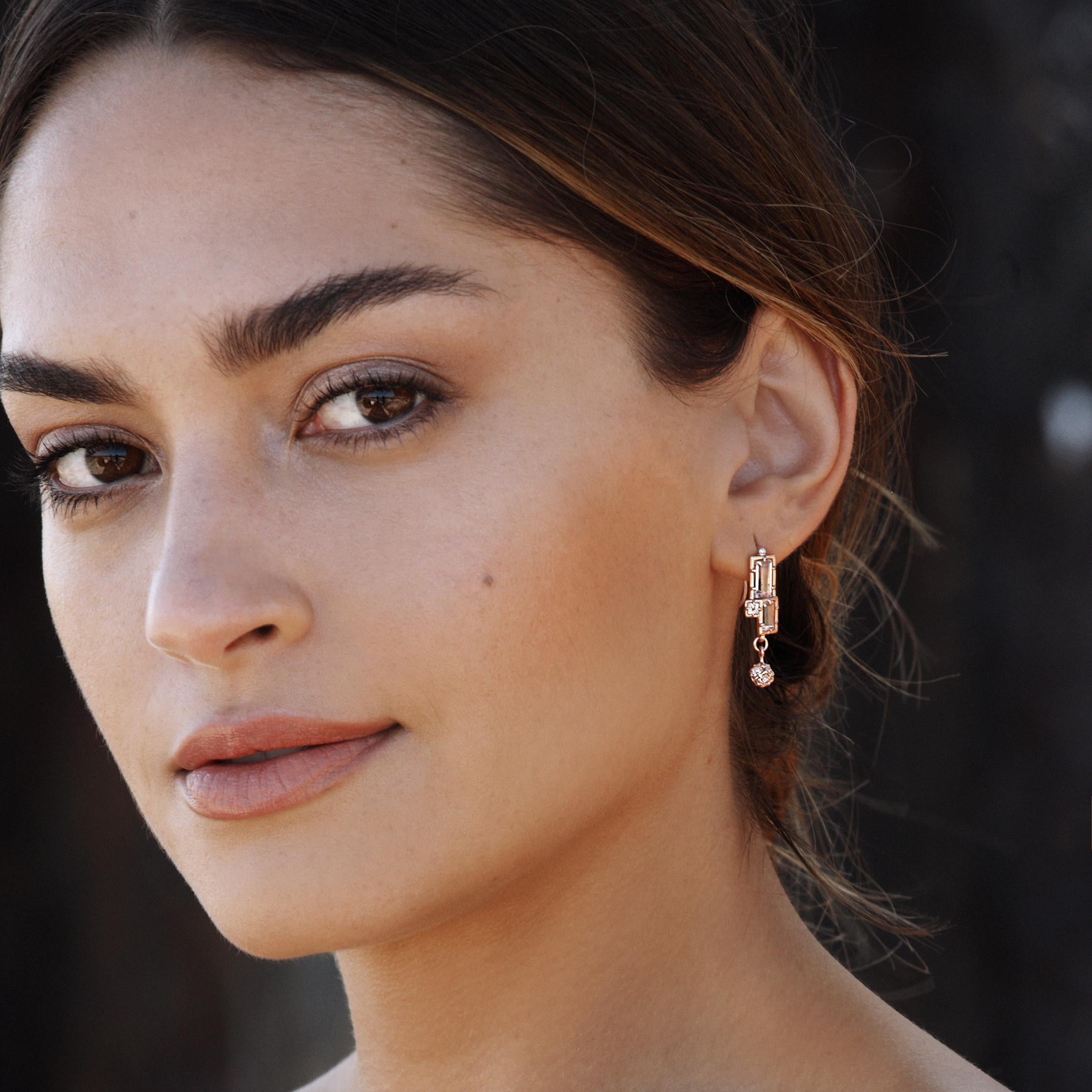 The Deja Vu dangle earring in rose gold is an embodiment of modern elegance. The gems are set at subtle angles to radiate light in all directions; left and right earrings.

14kt rose gold
White topaz- baguette and square cut
Diamond accent
Hook