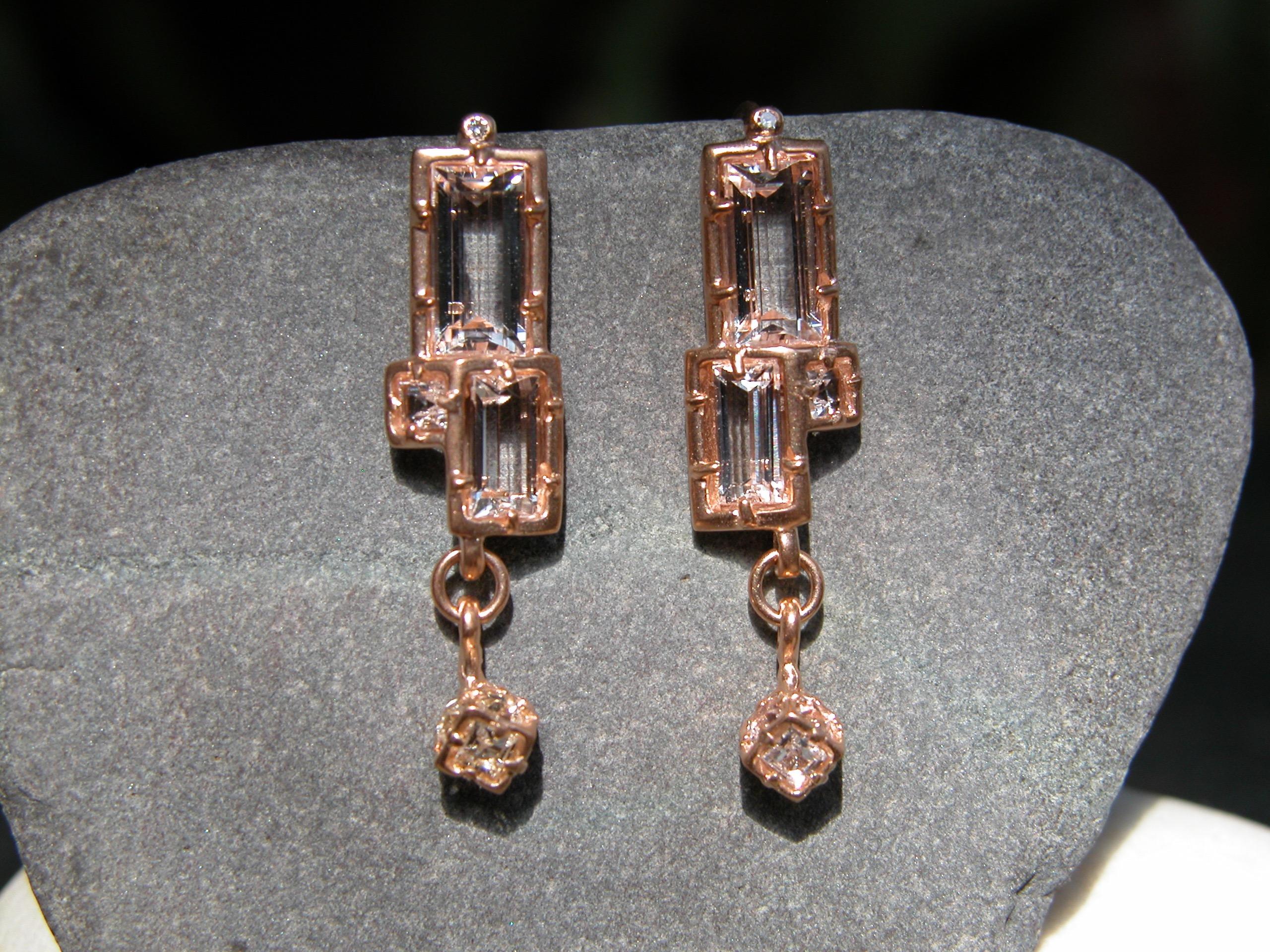 14 Karat Rose Gold Dangling Earring with White Topaz Baguettes and Squares In New Condition For Sale In Weehawken, NJ