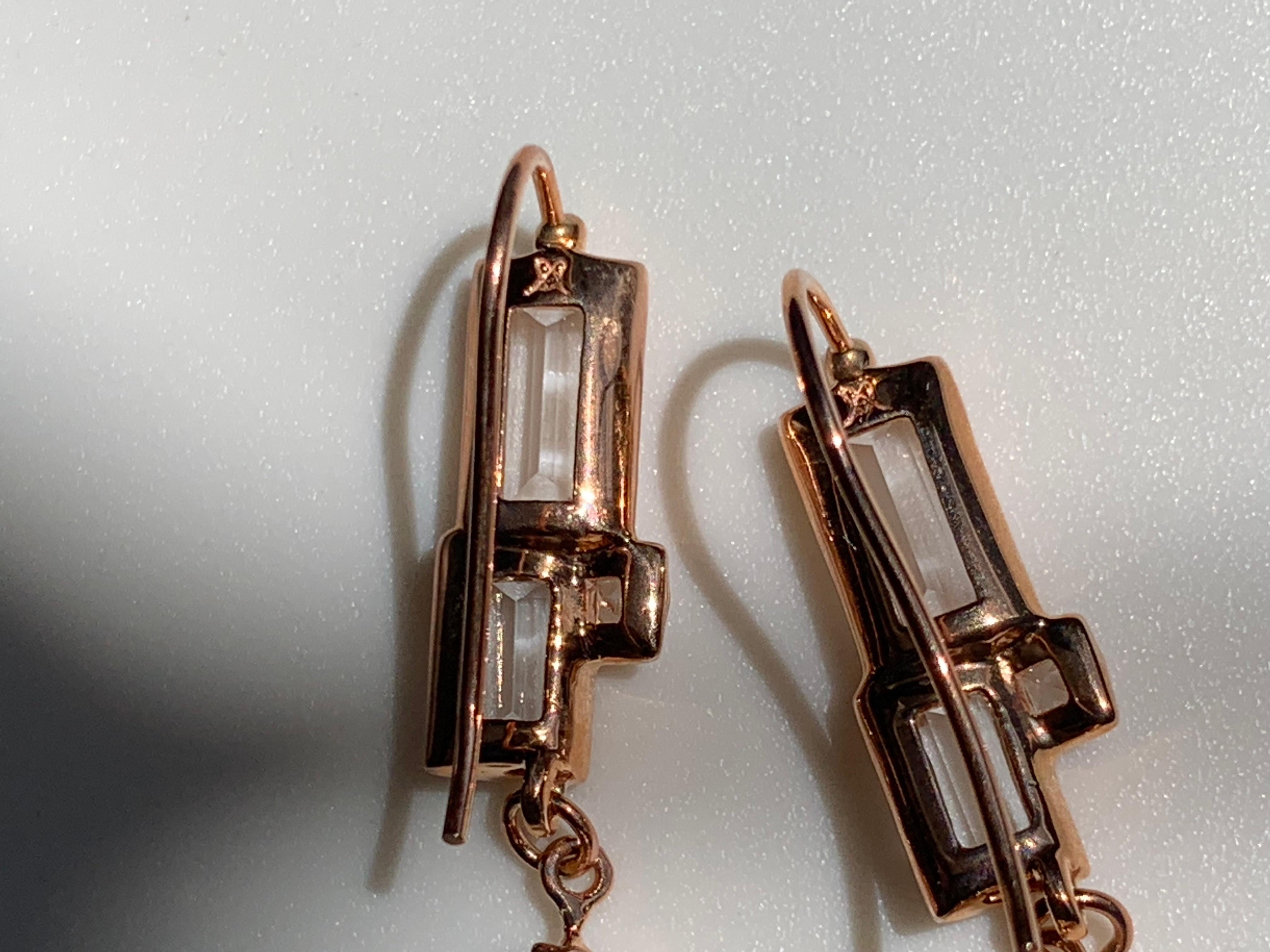 14 Karat Rose Gold Dangling Earring with White Topaz Baguettes and Squares For Sale 1