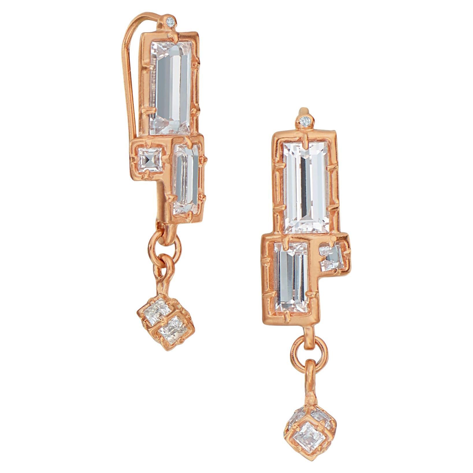 14 Karat Rose Gold Dangling Earring with White Topaz Baguettes and Squares For Sale