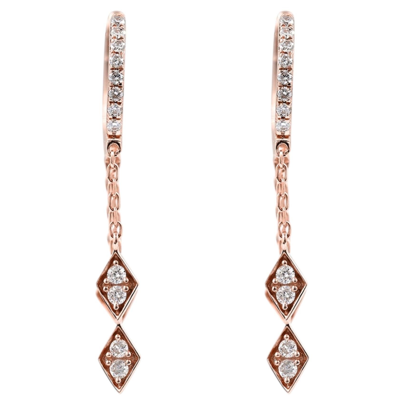 14KT Rose Gold Diamond Geometric Tassel Gold Huggie Drop Earrings For Sale