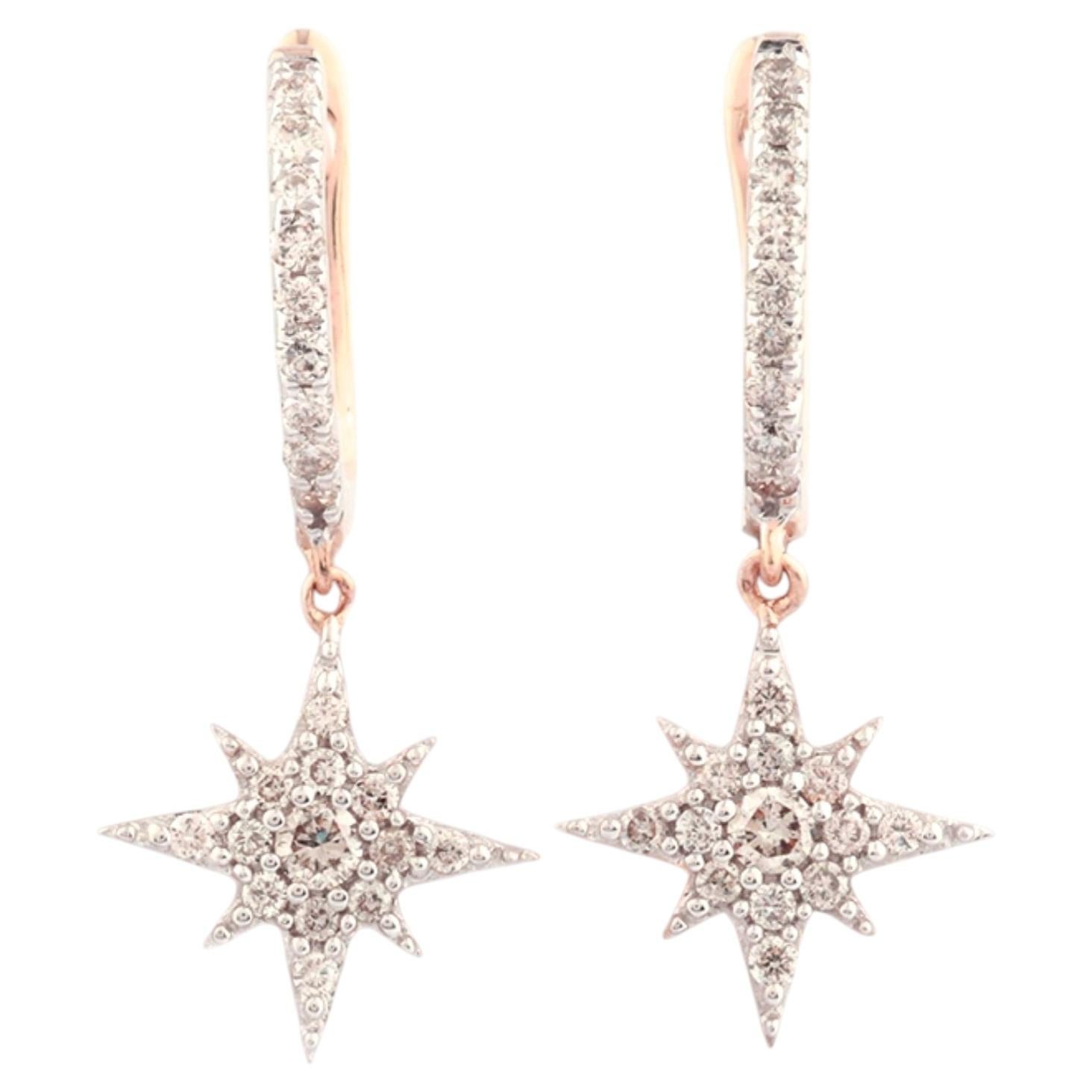14KT Rose Gold Diamond Star Dangle Huggie Hoop Earrings For Sale