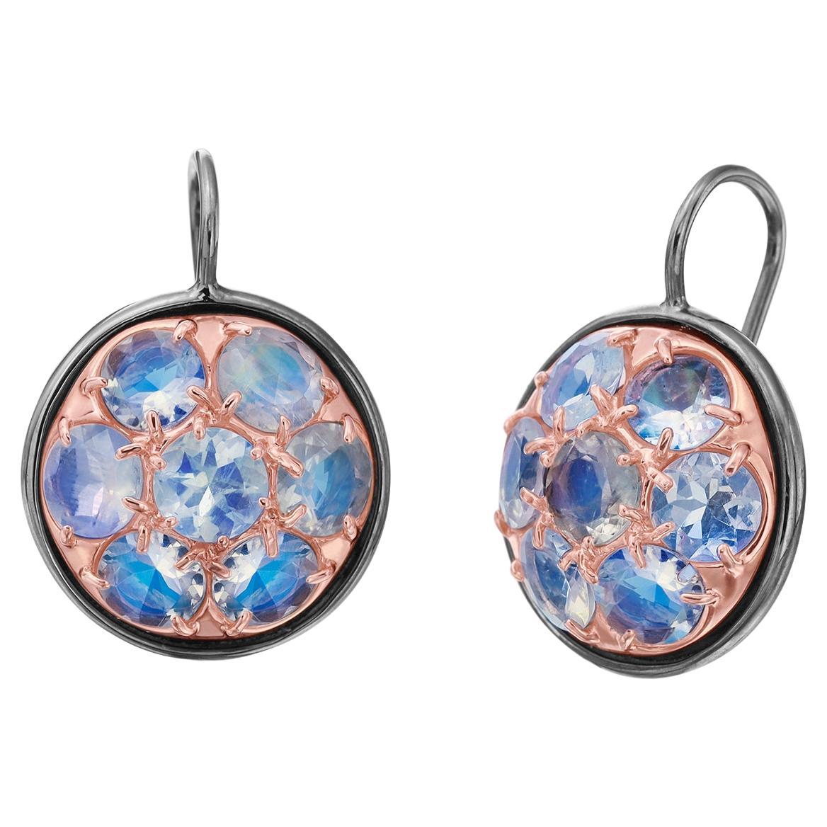 14 Karat Rose Gold Drop Earring Set in Sterling Silver with Blue Moonstone For Sale