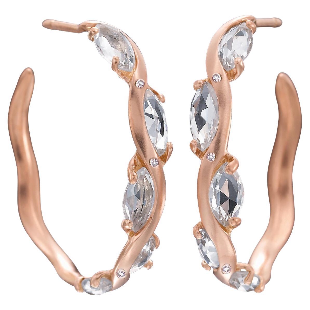 14kt Rose Gold Hoop with Rose Cut White Sapphire Marquise For Sale