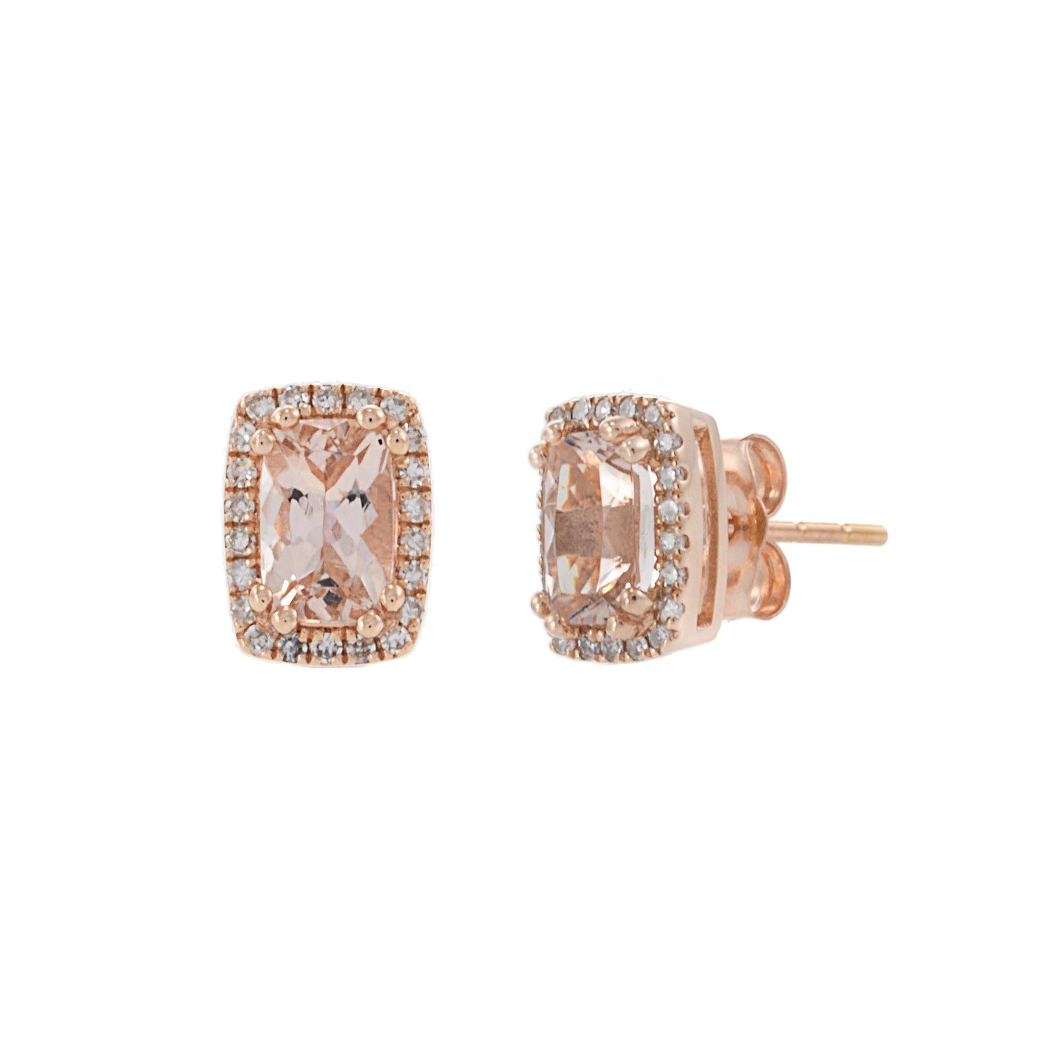 Modern 14KT Rose Gold Morganite and Diamond Halo Earrings For Sale