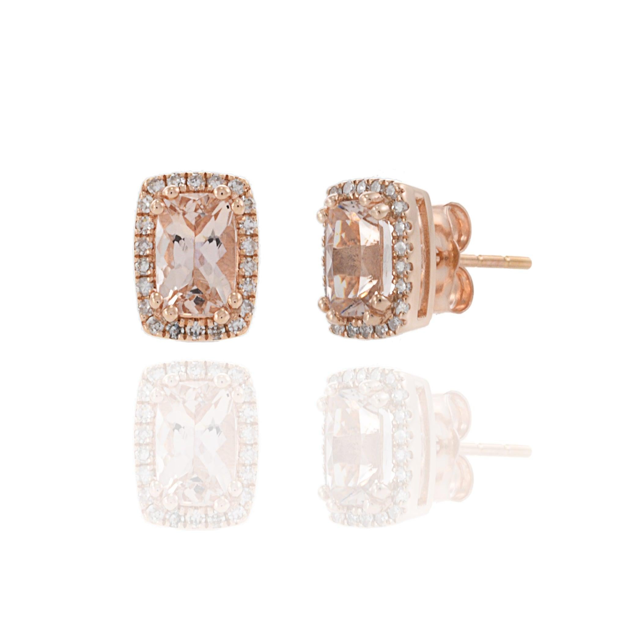 Round Cut 14KT Rose Gold Morganite and Diamond Halo Earrings For Sale