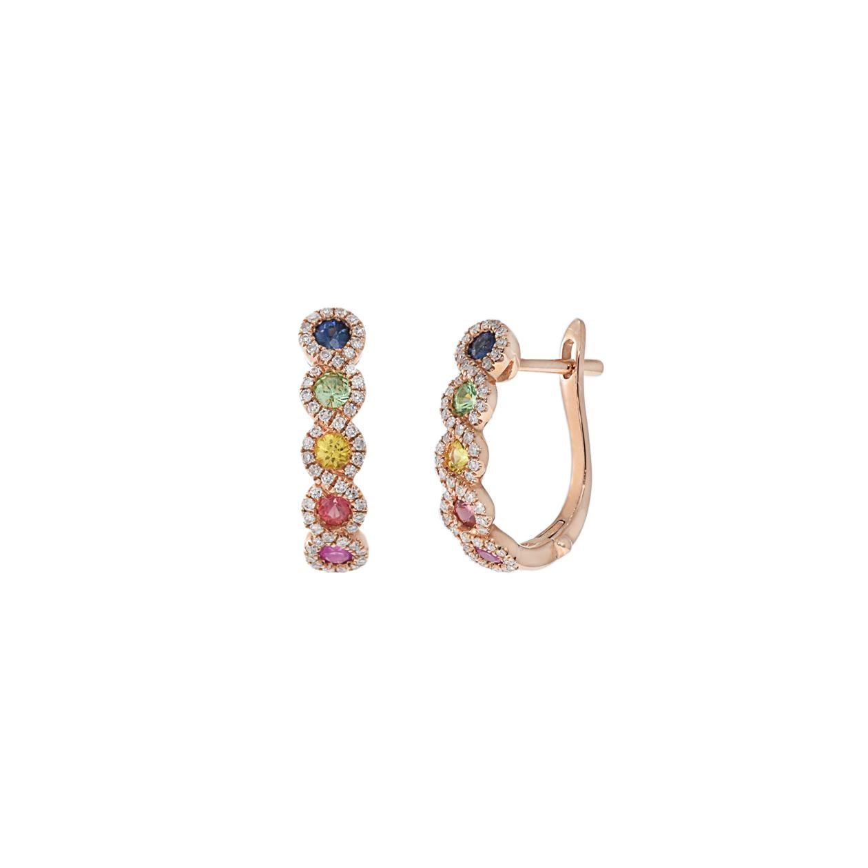 Modern 14KT Rose Gold Multi Color Sapphire And Diamond Huggie Earrings For Sale