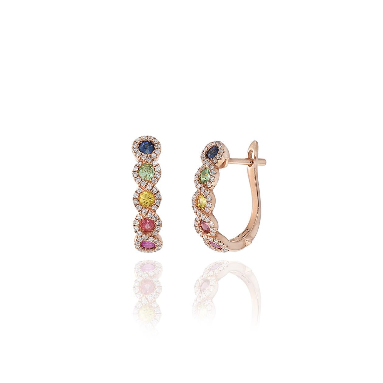 Round Cut 14KT Rose Gold Multi Color Sapphire And Diamond Huggie Earrings For Sale
