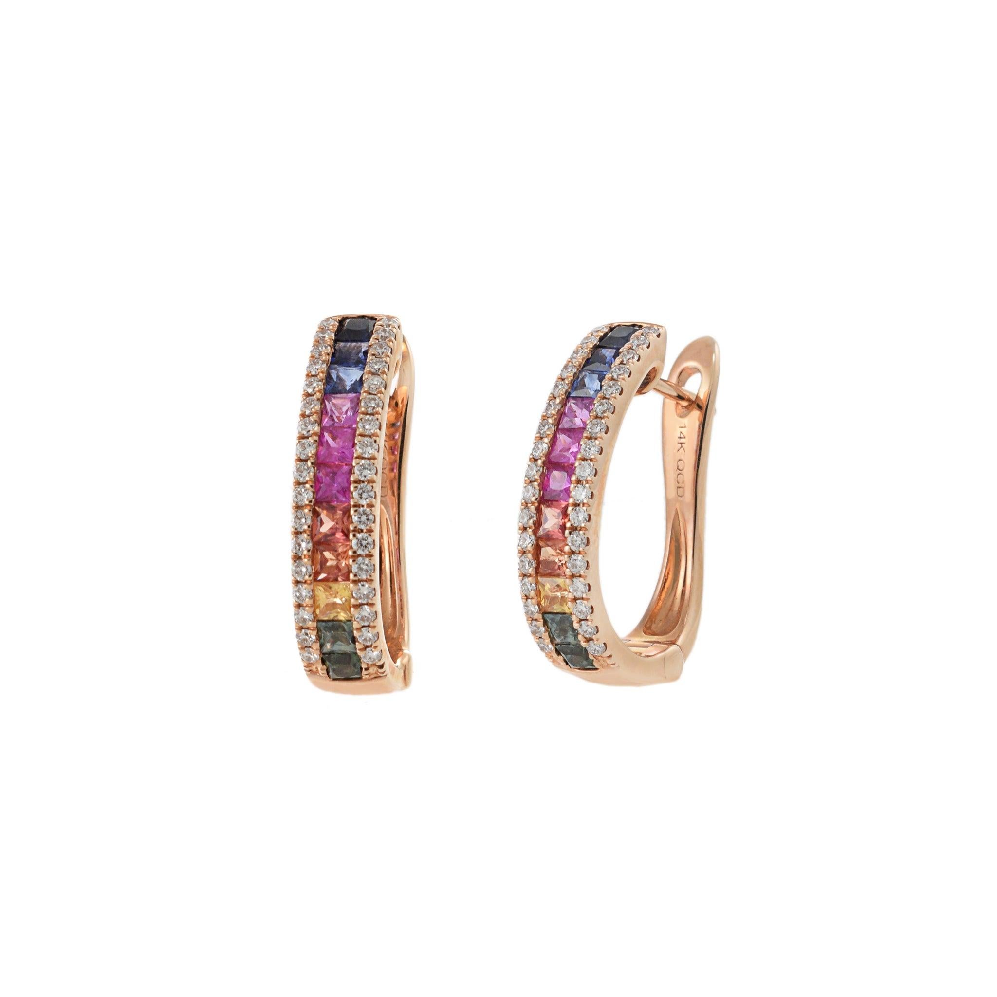 Pendientes de Zafiro Multicolor y Diamantes de Oro Rosa de 14 KT Moderno en venta