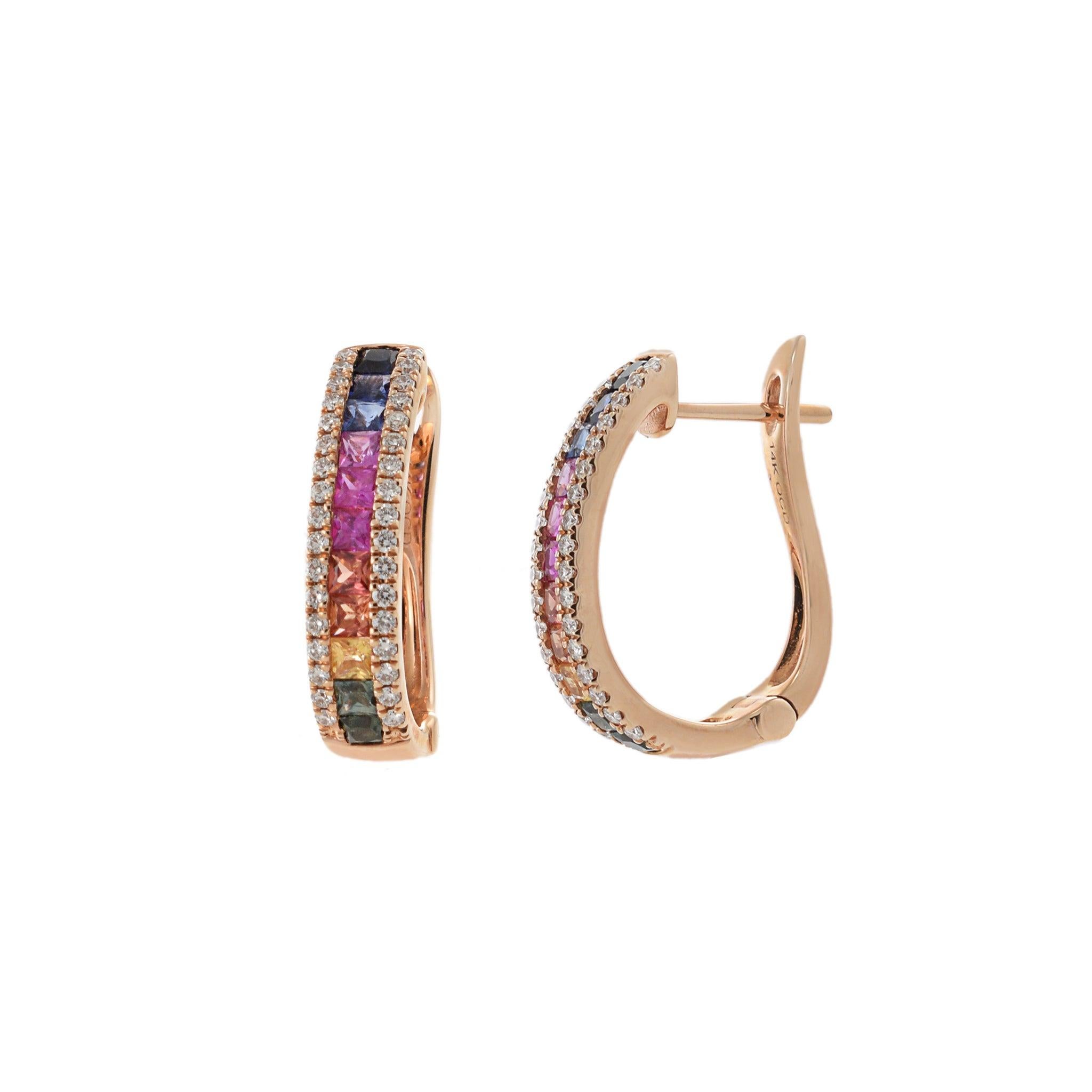 Pendientes de Zafiro Multicolor y Diamantes de Oro Rosa de 14 KT Corte redondo en venta