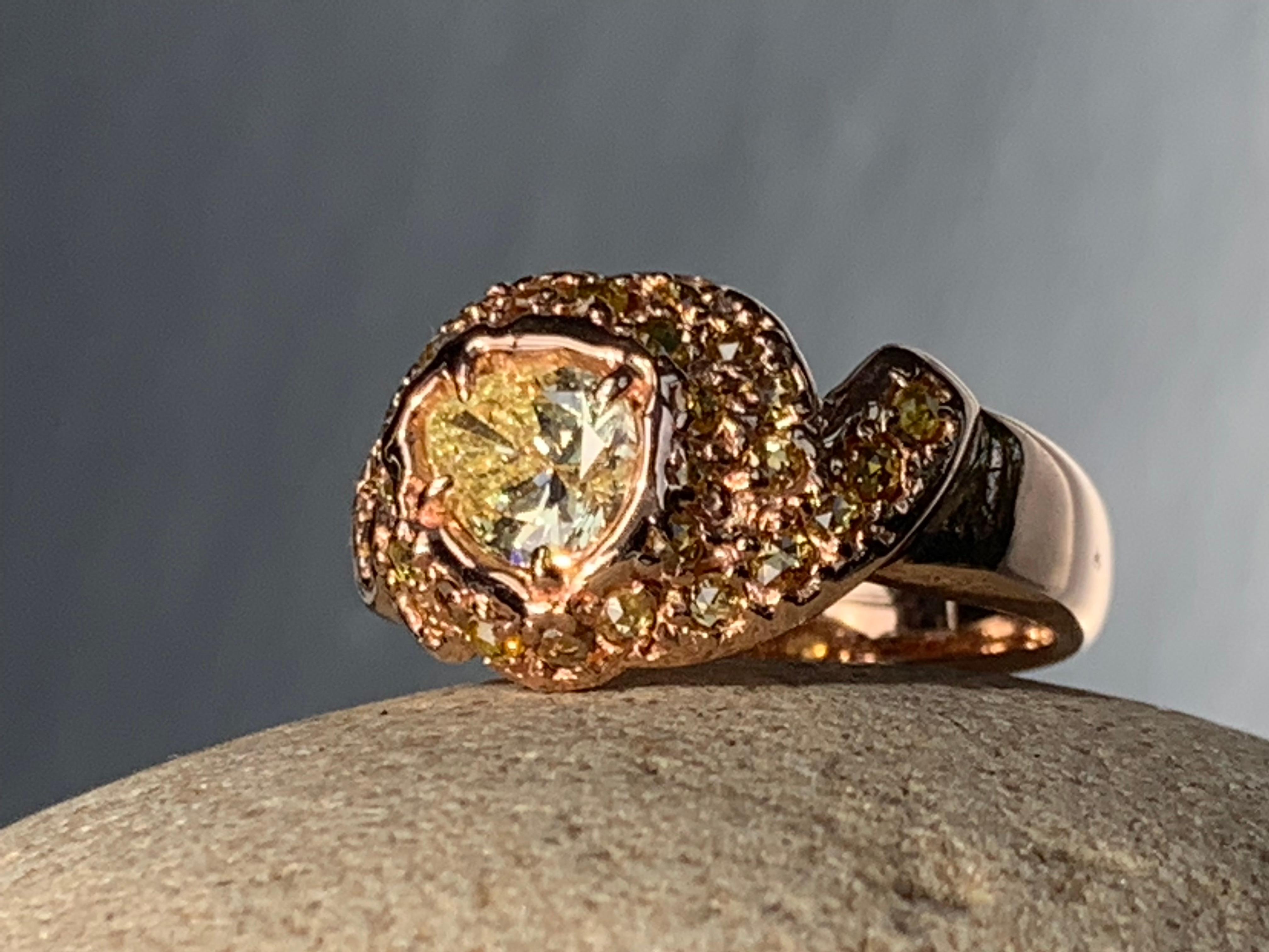 Pear Cut 14kt Rose Gold OOAK Dome Ring with Yellow Pear Shaped and Rose Cut Diamonds For Sale