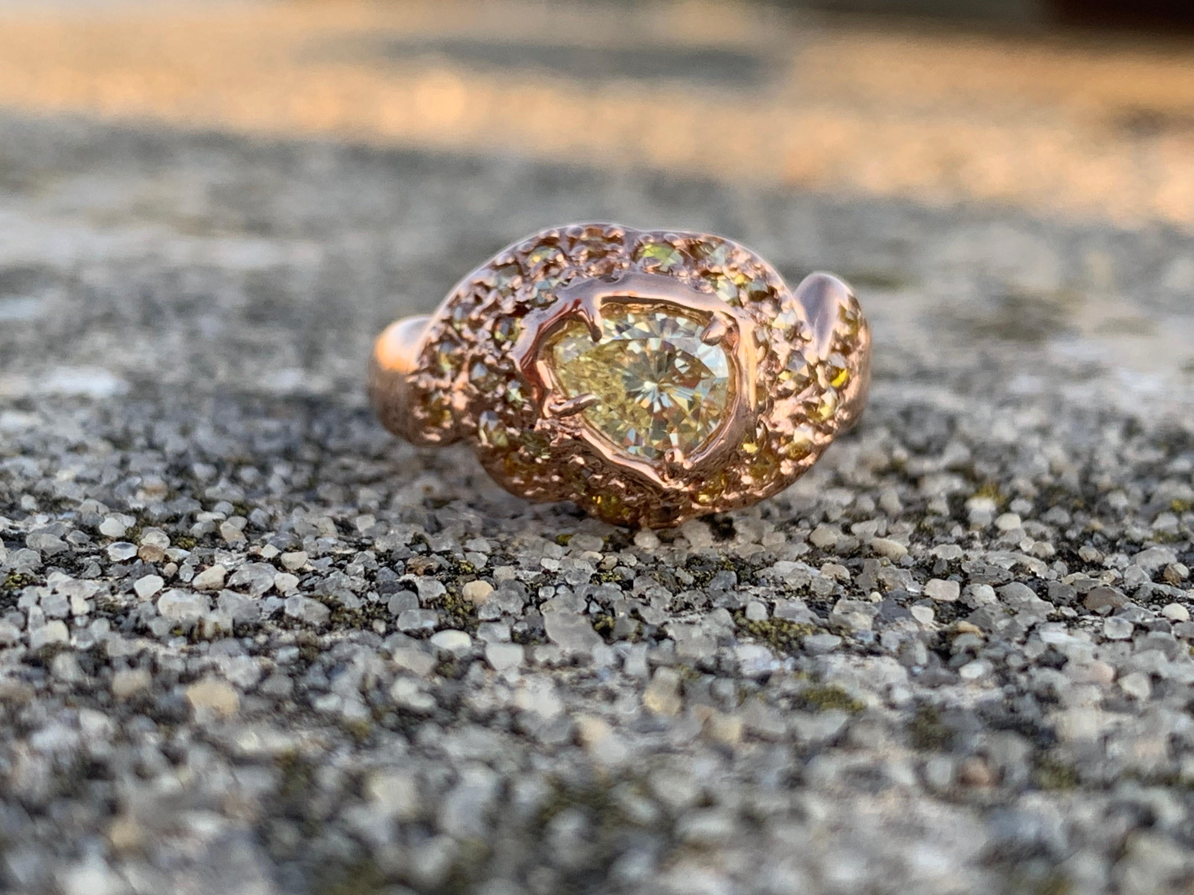 14kt Rose Gold OOAK Dome Ring with Yellow Pear Shaped and Rose Cut Diamonds In New Condition For Sale In Weehawken, NJ