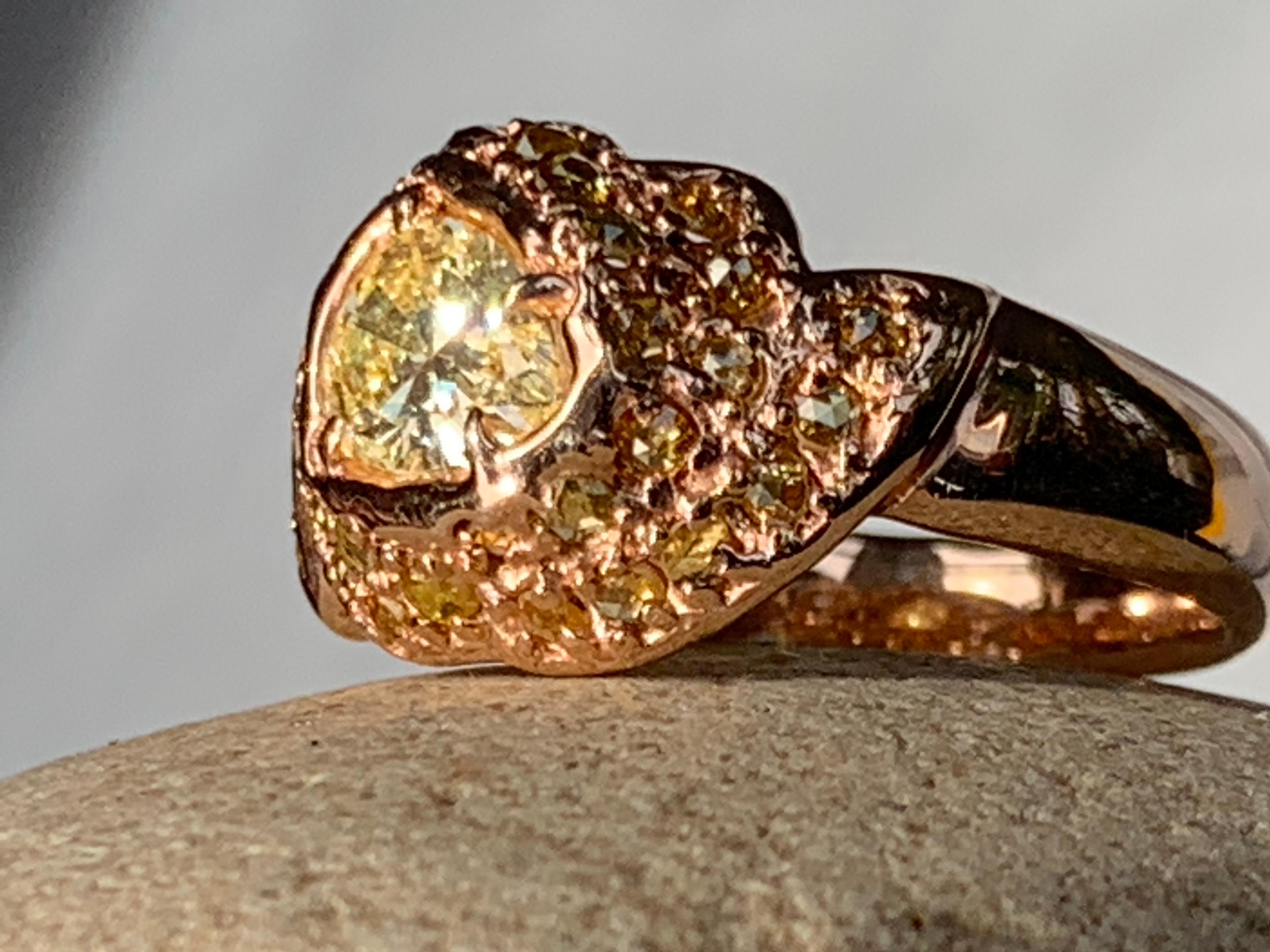 14kt Rose Gold OOAK Dome Ring with Yellow Pear Shaped and Rose Cut Diamonds For Sale 1