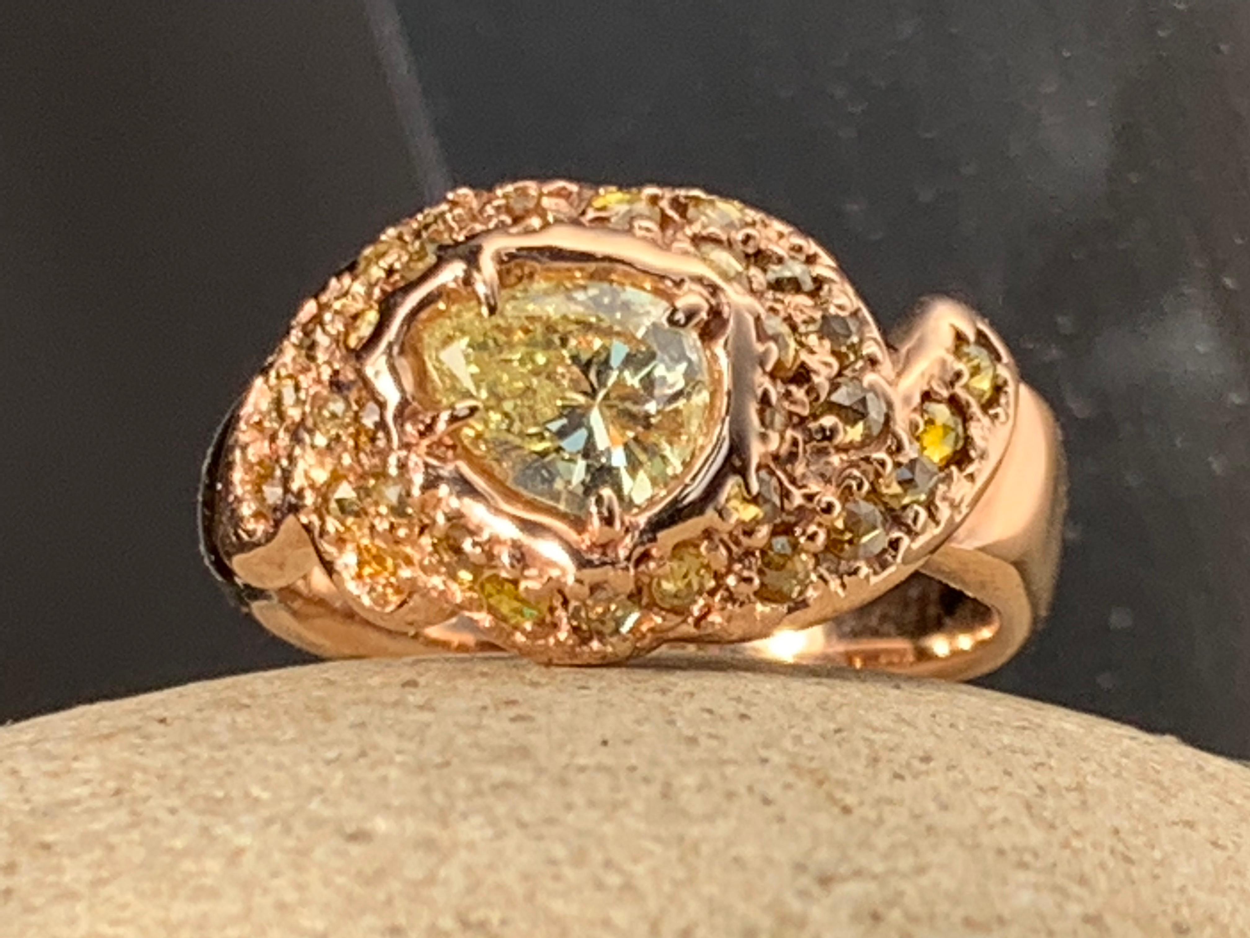 14kt Rose Gold OOAK Dome Ring with Yellow Pear Shaped and Rose Cut Diamonds For Sale 2