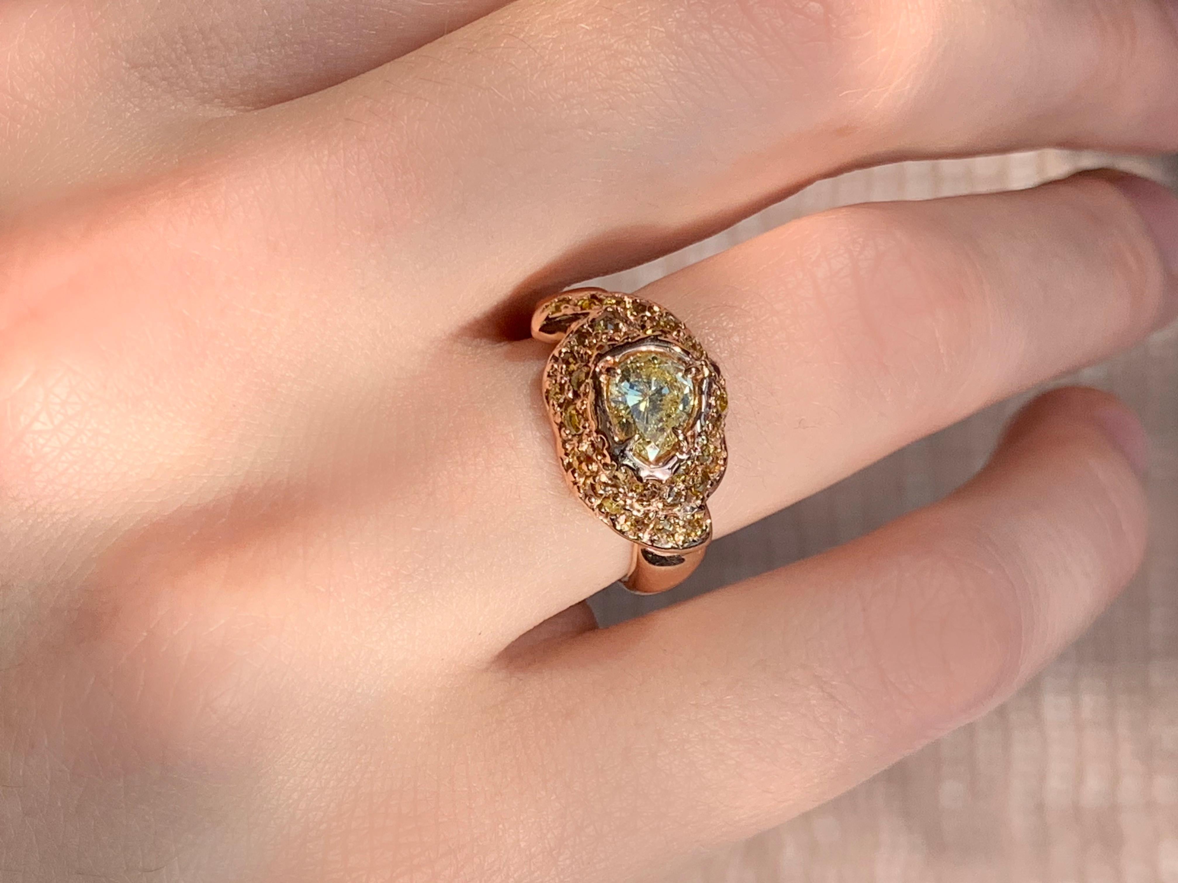 Women's 14kt Rose Gold OOAK Dome Ring with Yellow Pear Shaped and Rose Cut Diamonds For Sale
