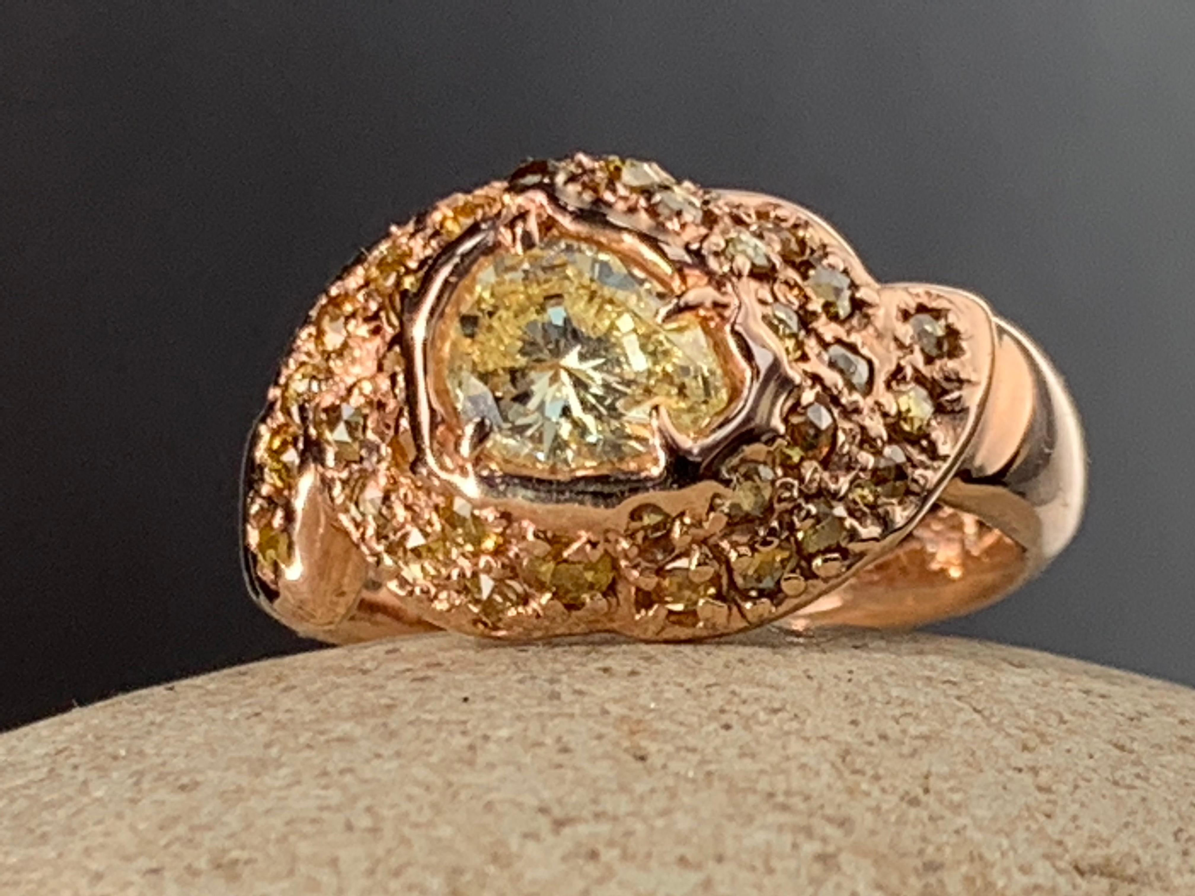 14kt Rose Gold OOAK Dome Ring with Yellow Pear Shaped and Rose Cut Diamonds For Sale 3