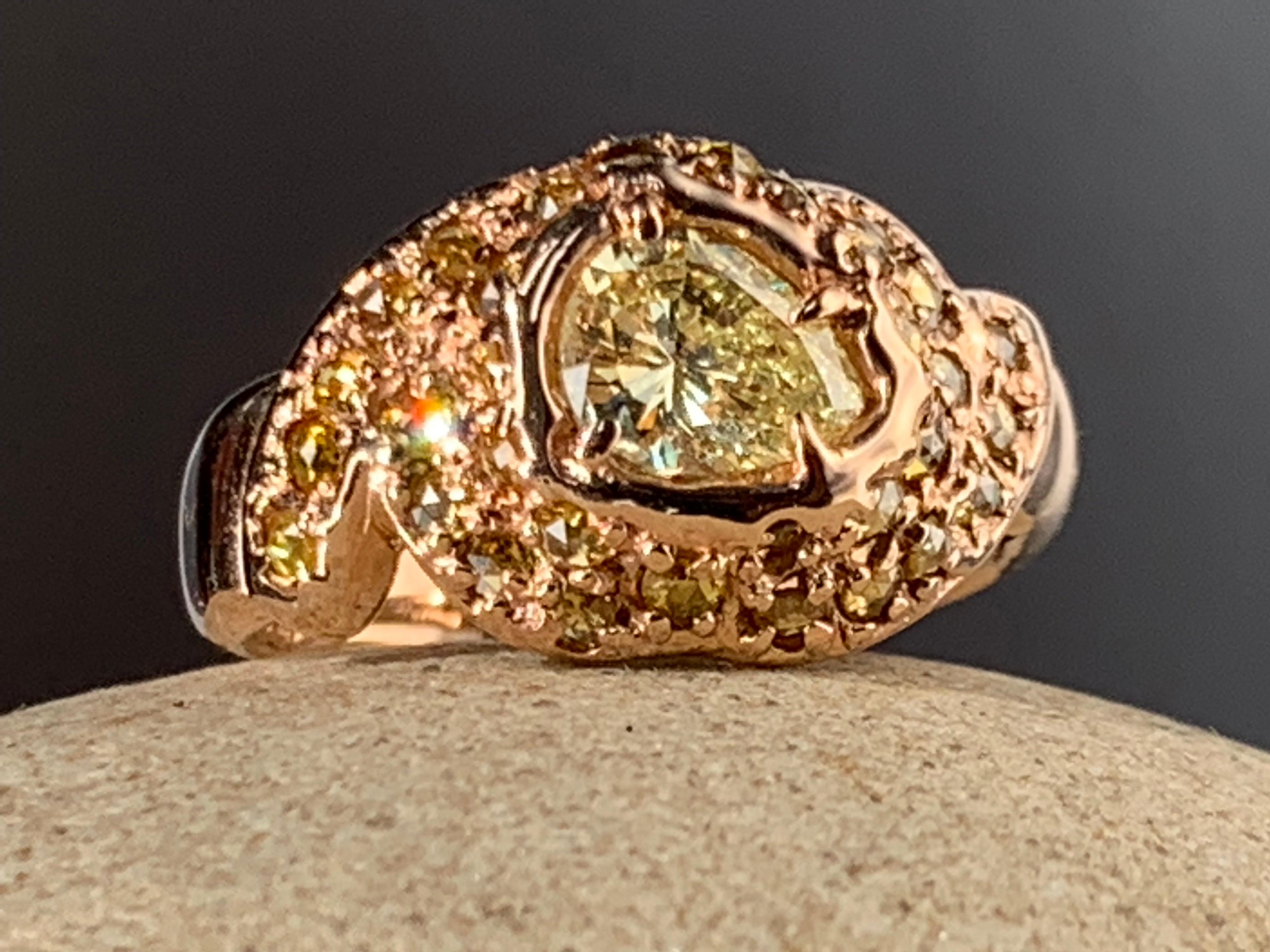 14kt Rose Gold OOAK Dome Ring with Yellow Pear Shaped and Rose Cut Diamonds For Sale 4