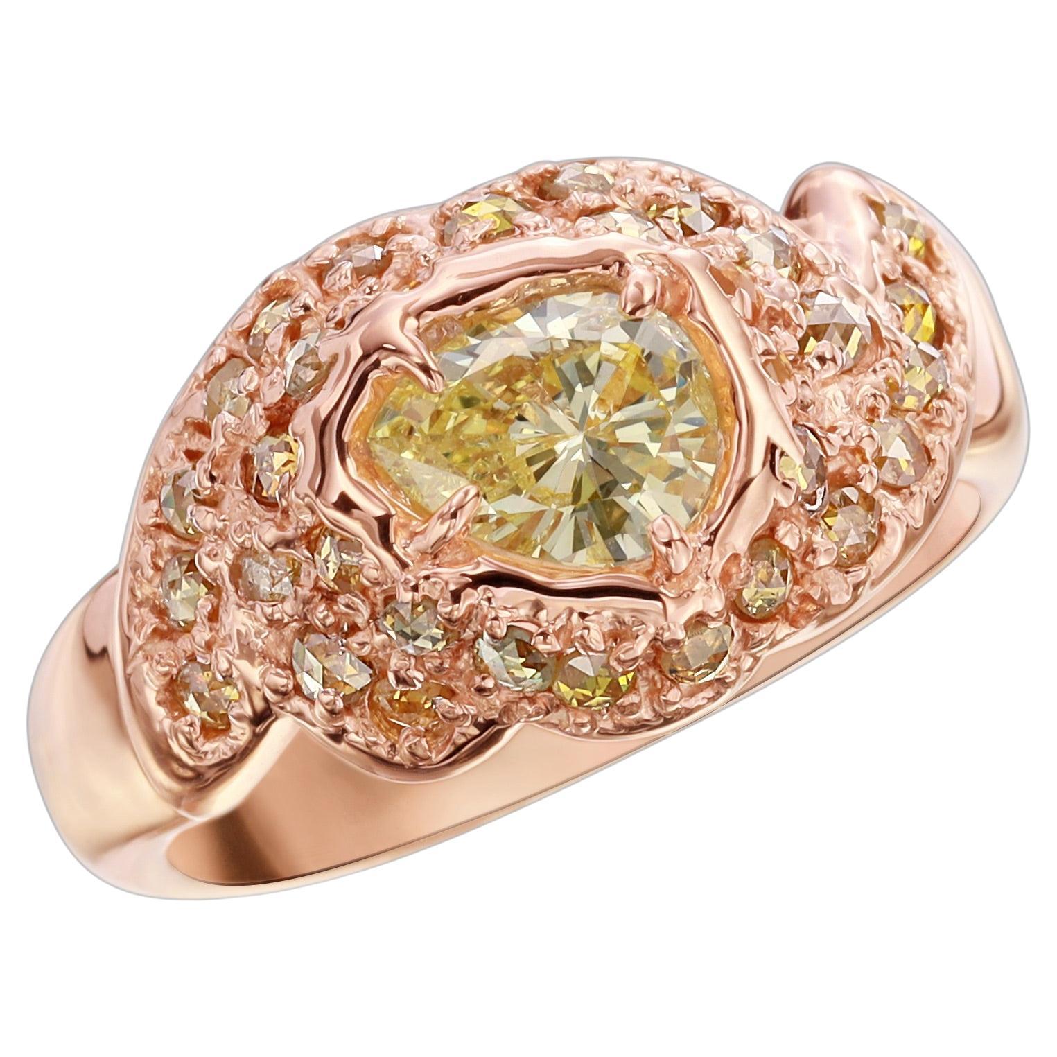 14kt Rose Gold OOAK Dome Ring with Yellow Pear Shaped and Rose Cut Diamonds For Sale