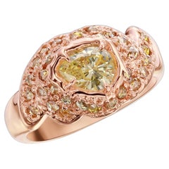 Bague dôme OOAK en or rose 14 carats avec diamants en forme de poire jaune et taille rose
