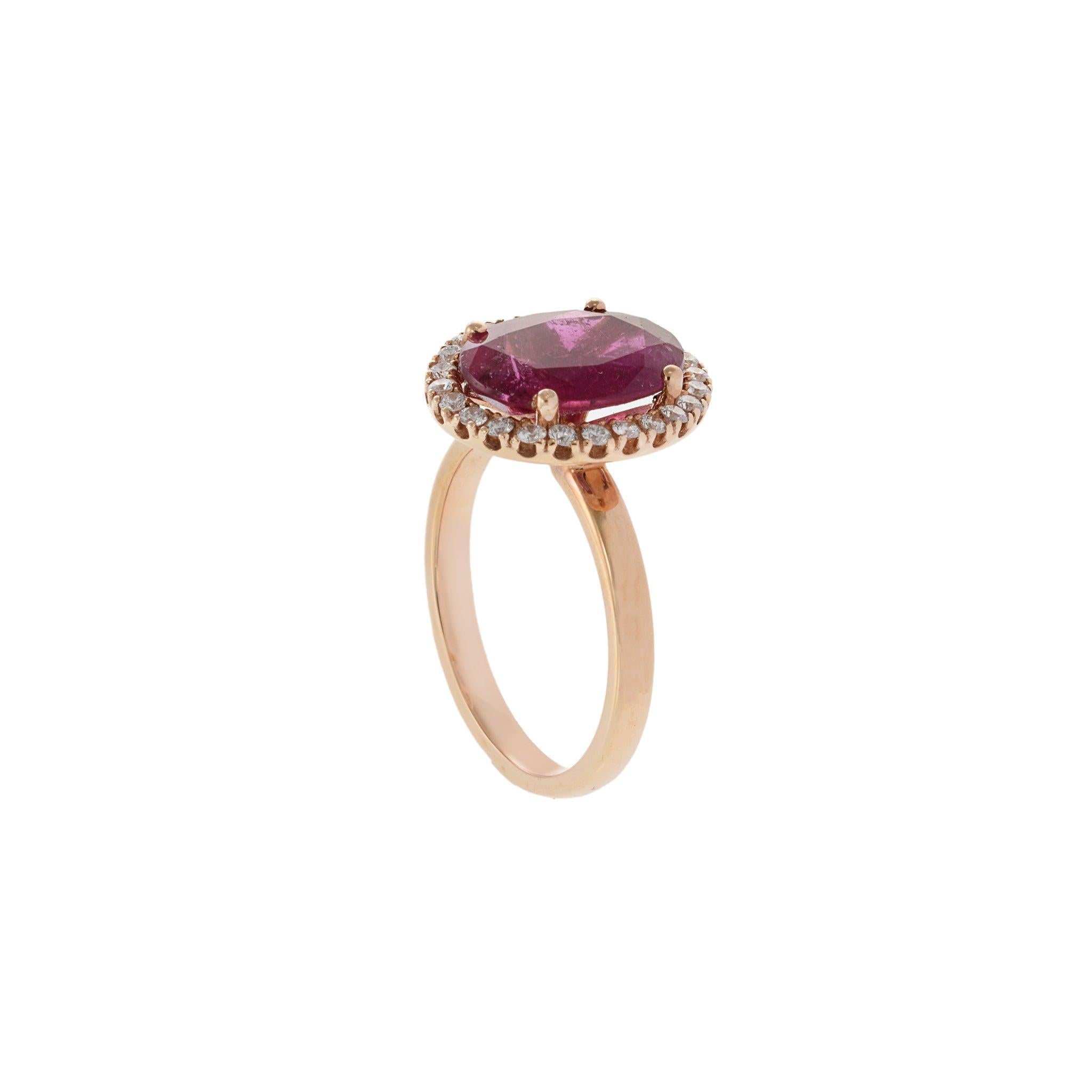 14KT Rose Gold Oval Cut Rubellite and Diamond Halo Ring In New Condition For Sale In New York, NY