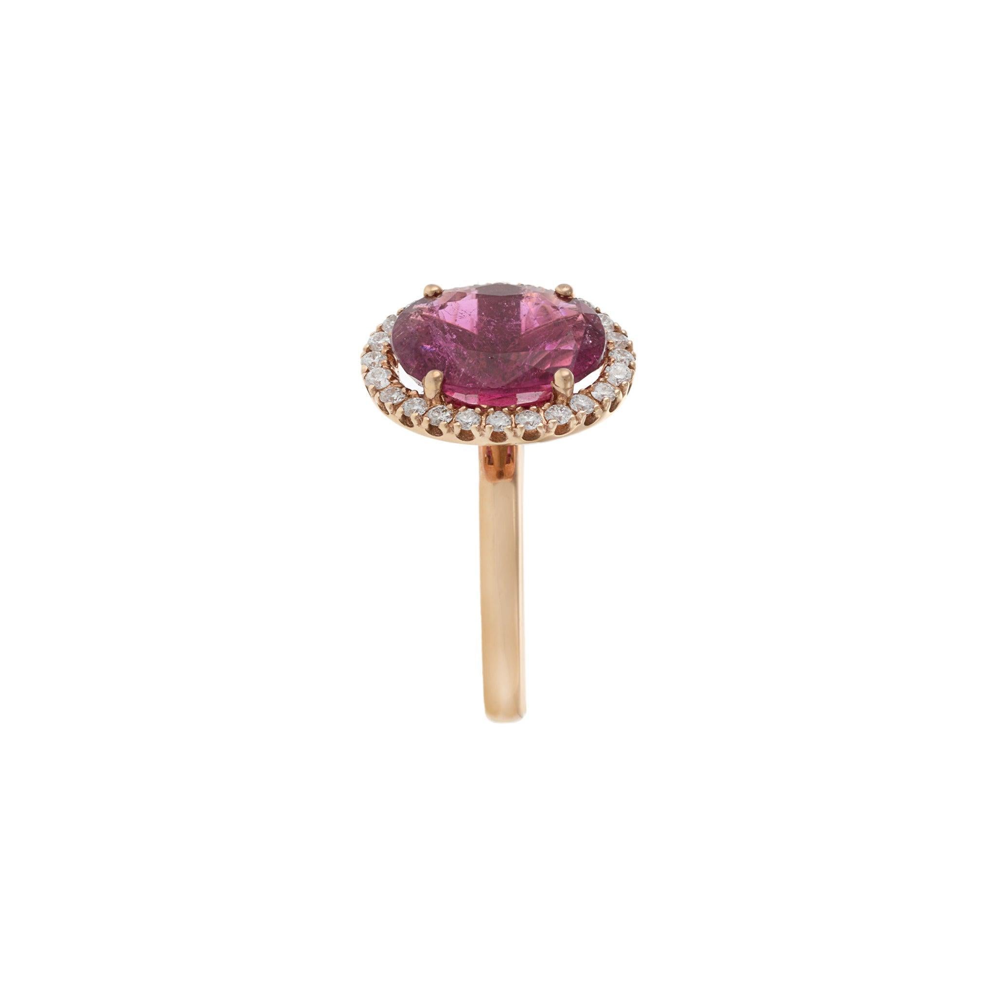 Women's 14KT Rose Gold Oval Cut Rubellite and Diamond Halo Ring For Sale