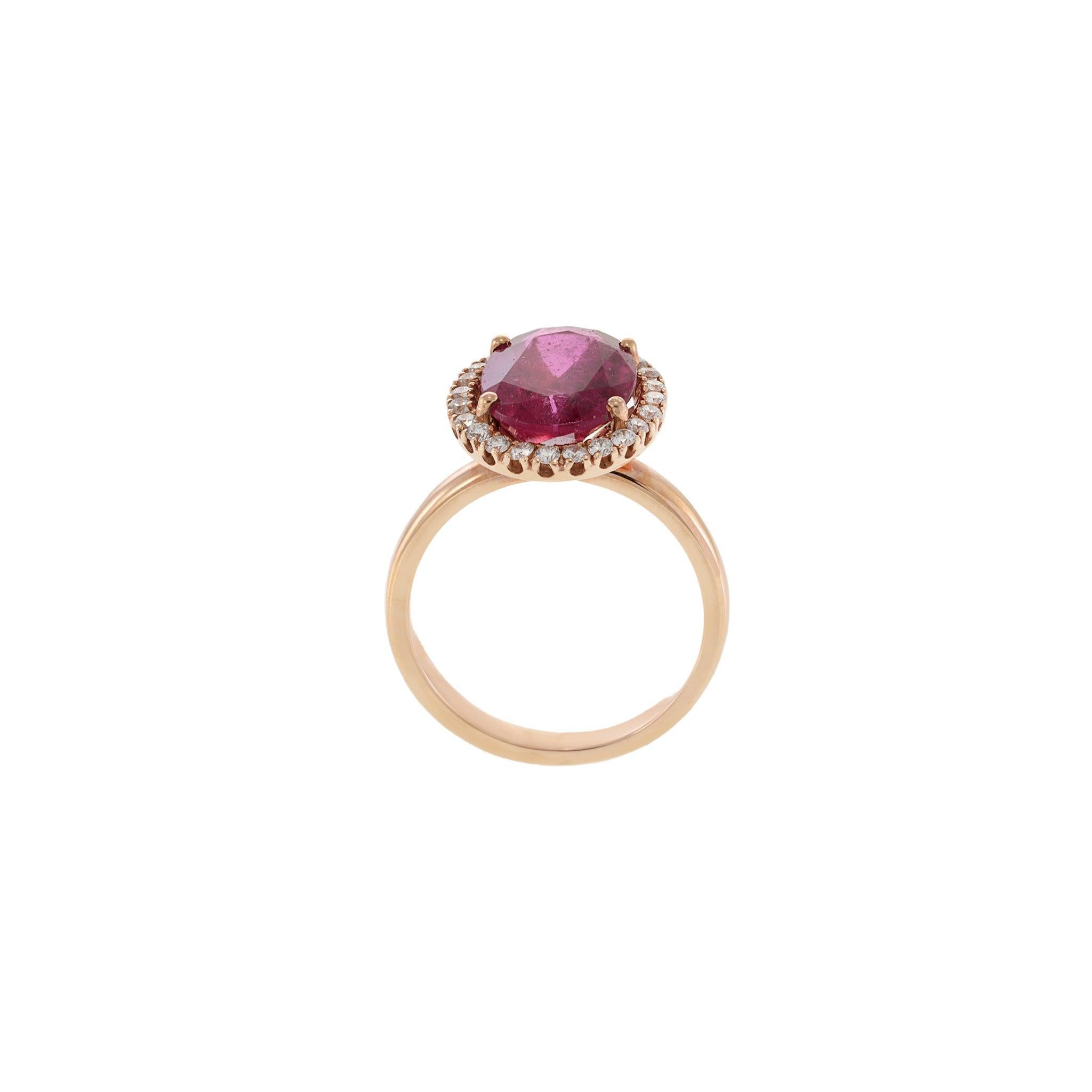 14KT Rose Gold Oval Cut Rubellite and Diamond Halo Ring For Sale 1