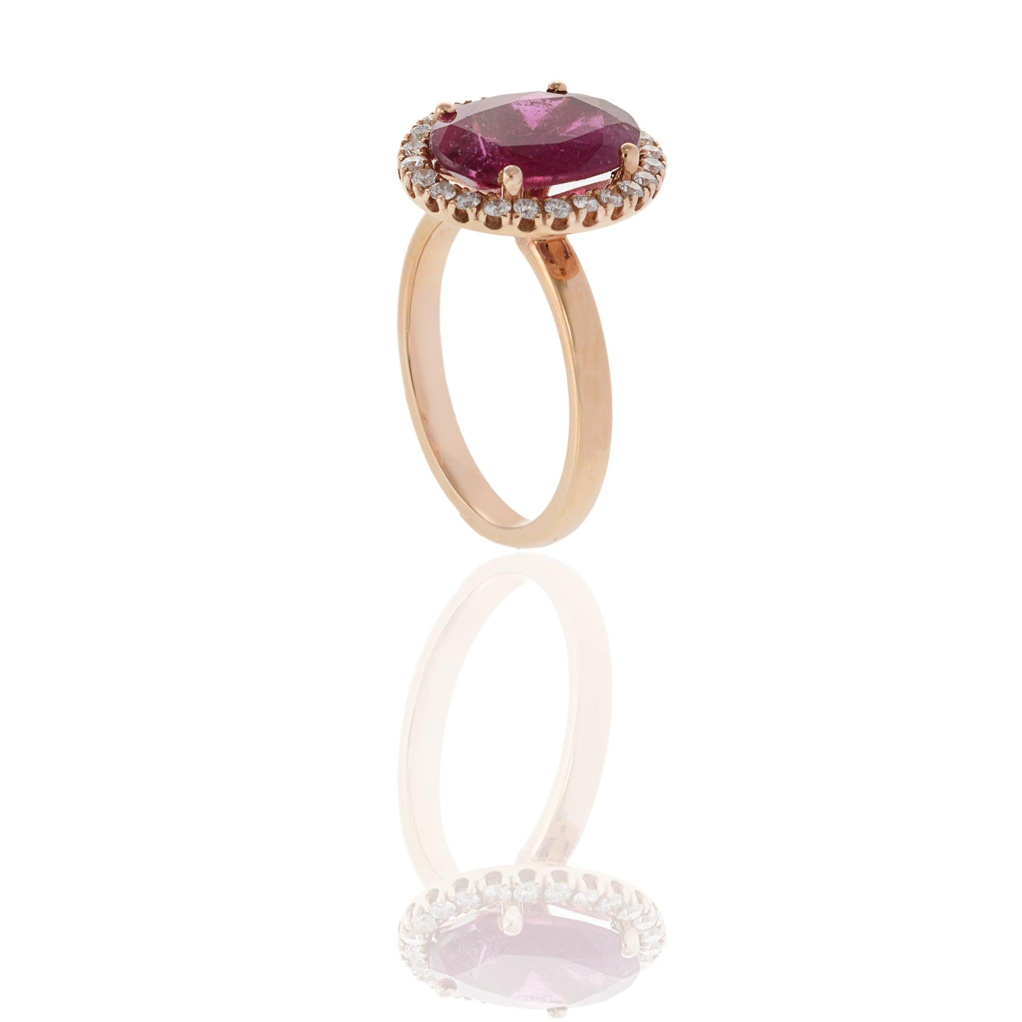 14KT Rose Gold Oval Cut Rubellite and Diamond Halo Ring For Sale 2