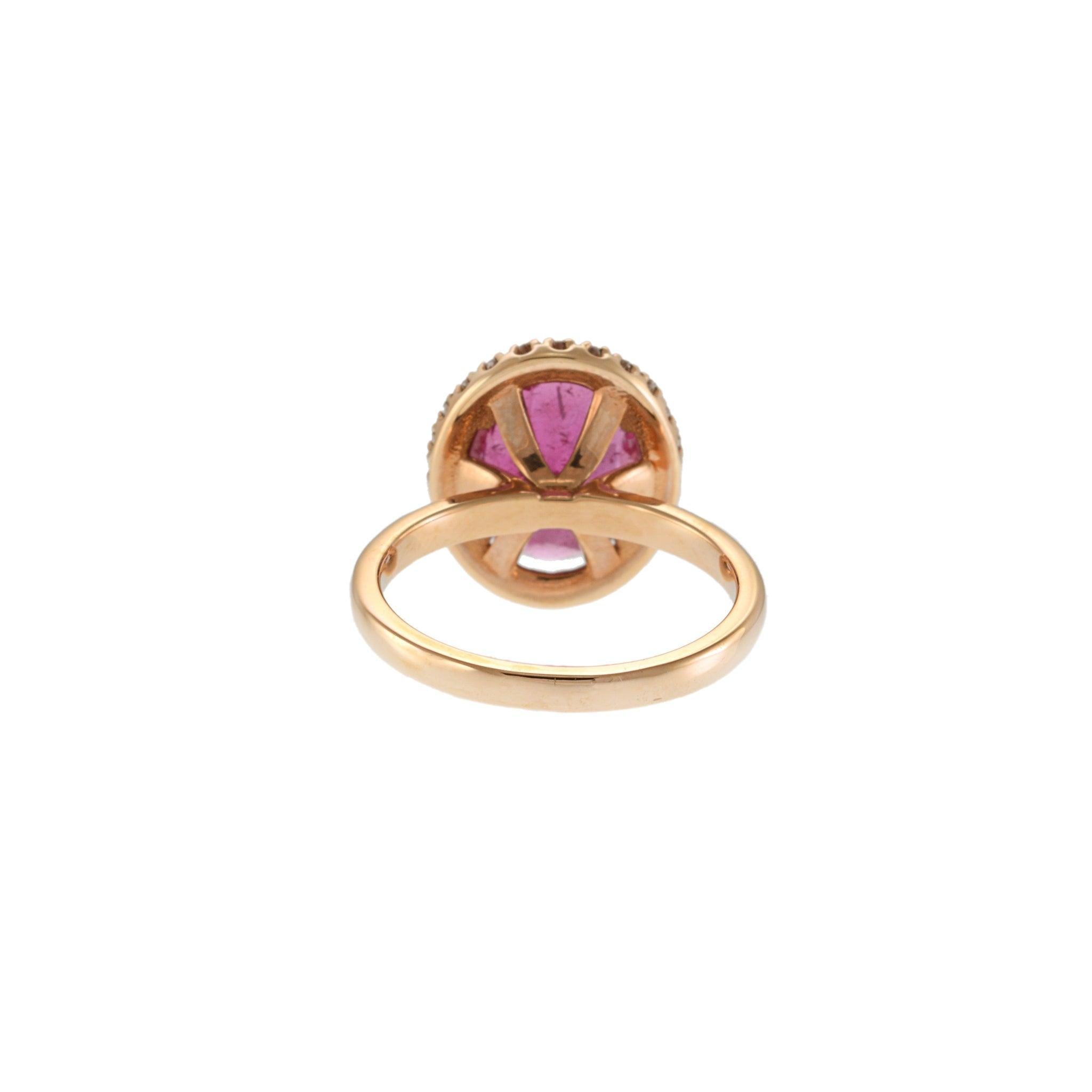 14KT Rose Gold Oval Cut Rubellite and Diamond Halo Ring For Sale 3