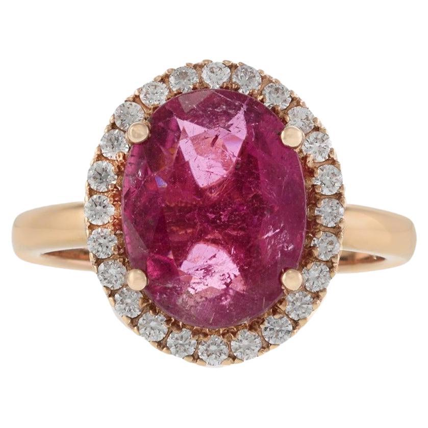 14KT Rose Gold Oval Cut Rubellite and Diamond Halo Ring For Sale