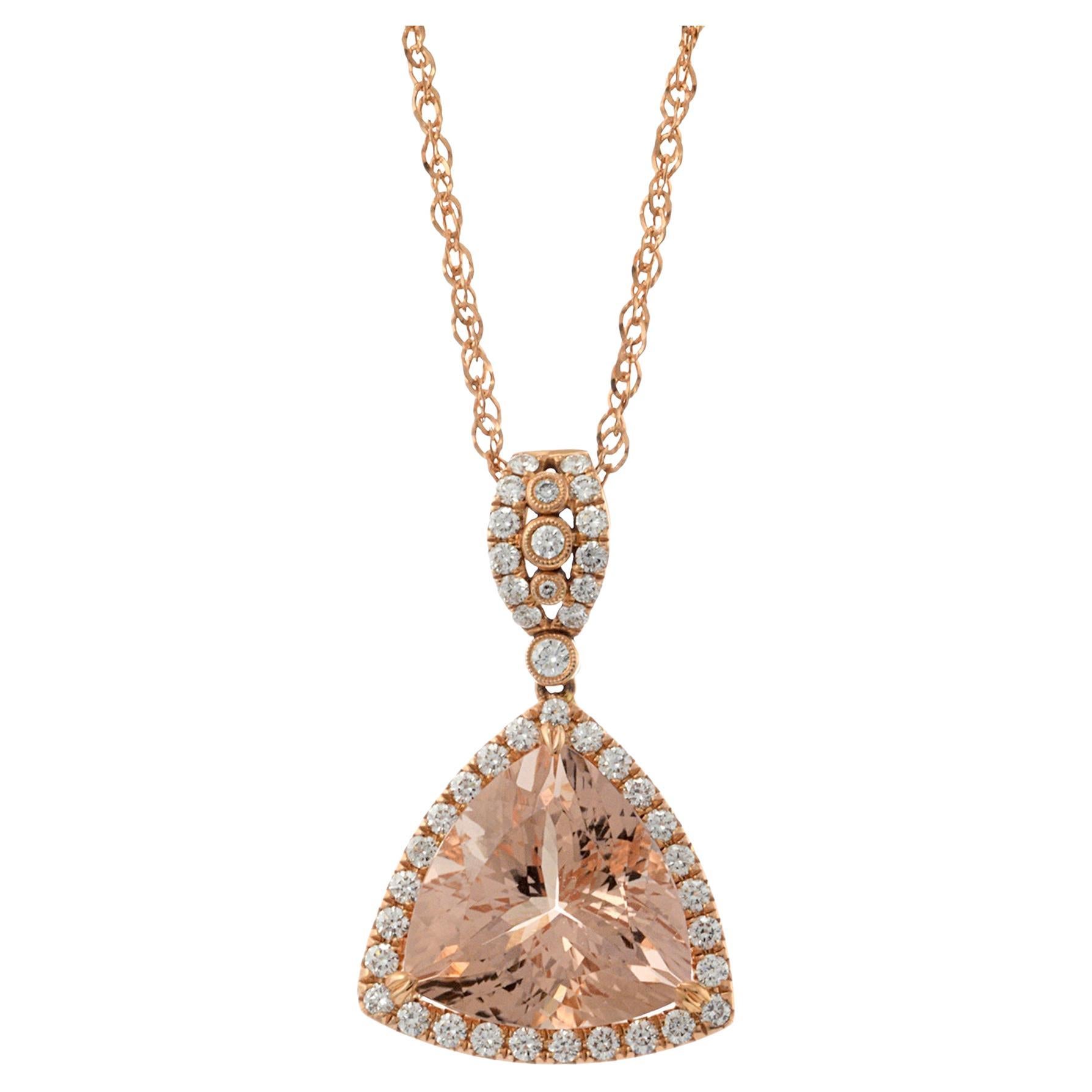 Ciondolo ovale in oro rosa 14KT con morganite e diamanti e catena