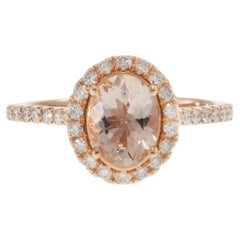 14KT Rose Gold Oval Morganite Ring with Diamond Halo and Shank