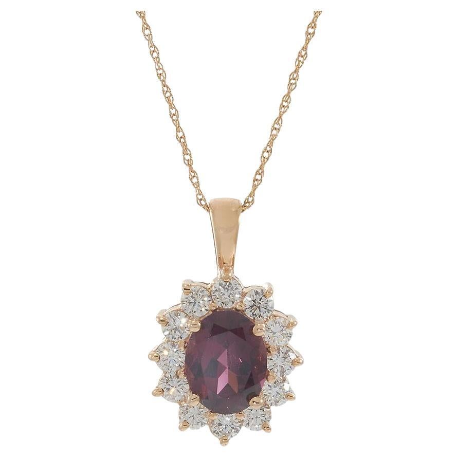 Collana con ciondolo a raggiera ovale in oro rosa 14KT con rodolite e diamanti in vendita
