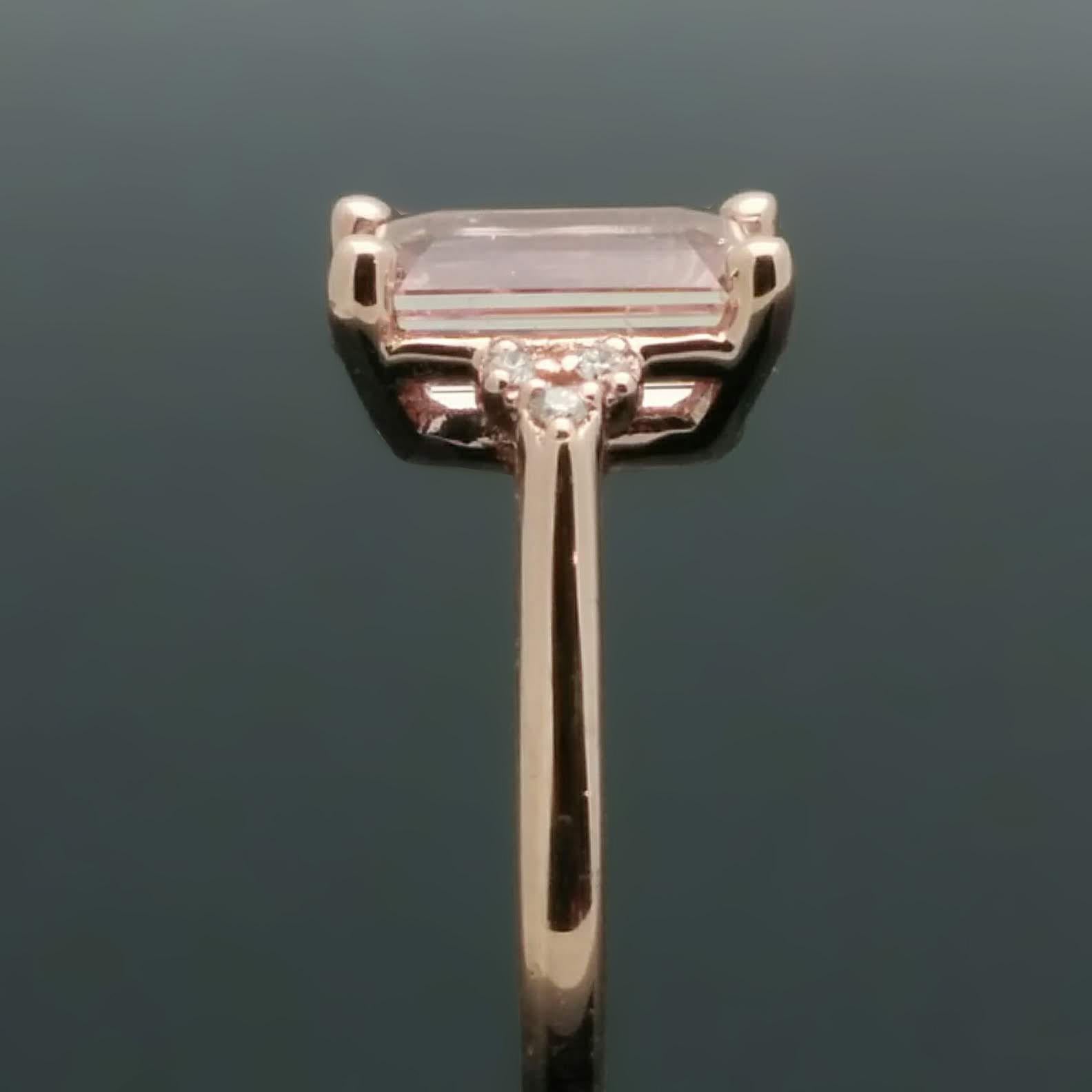 Emerald Cut 14 Karat Rose Gold Pink Sapphire and Diamond Ring For Sale