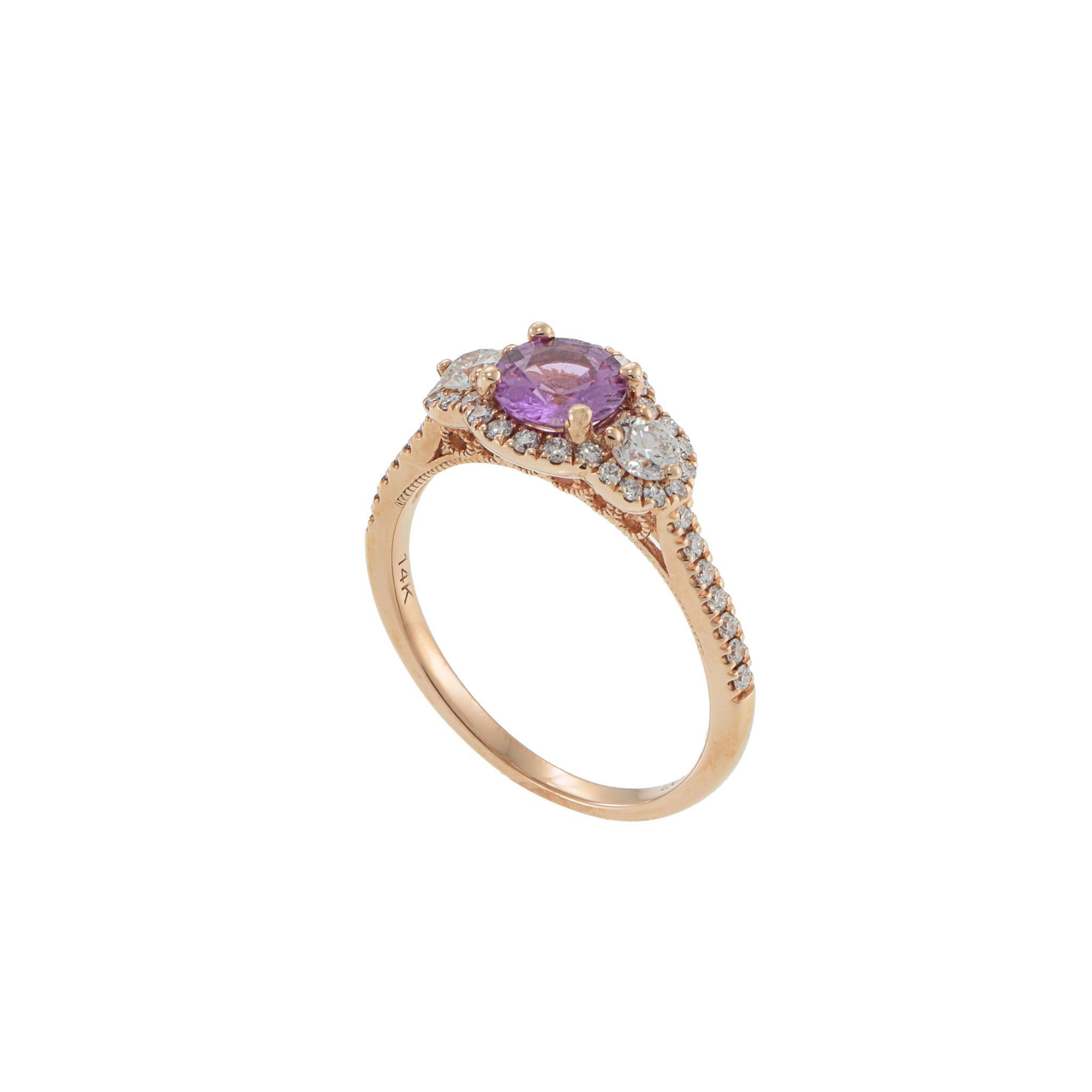 Round Cut 14KT Rose Gold Pink Sapphire and Diamond Ring For Sale