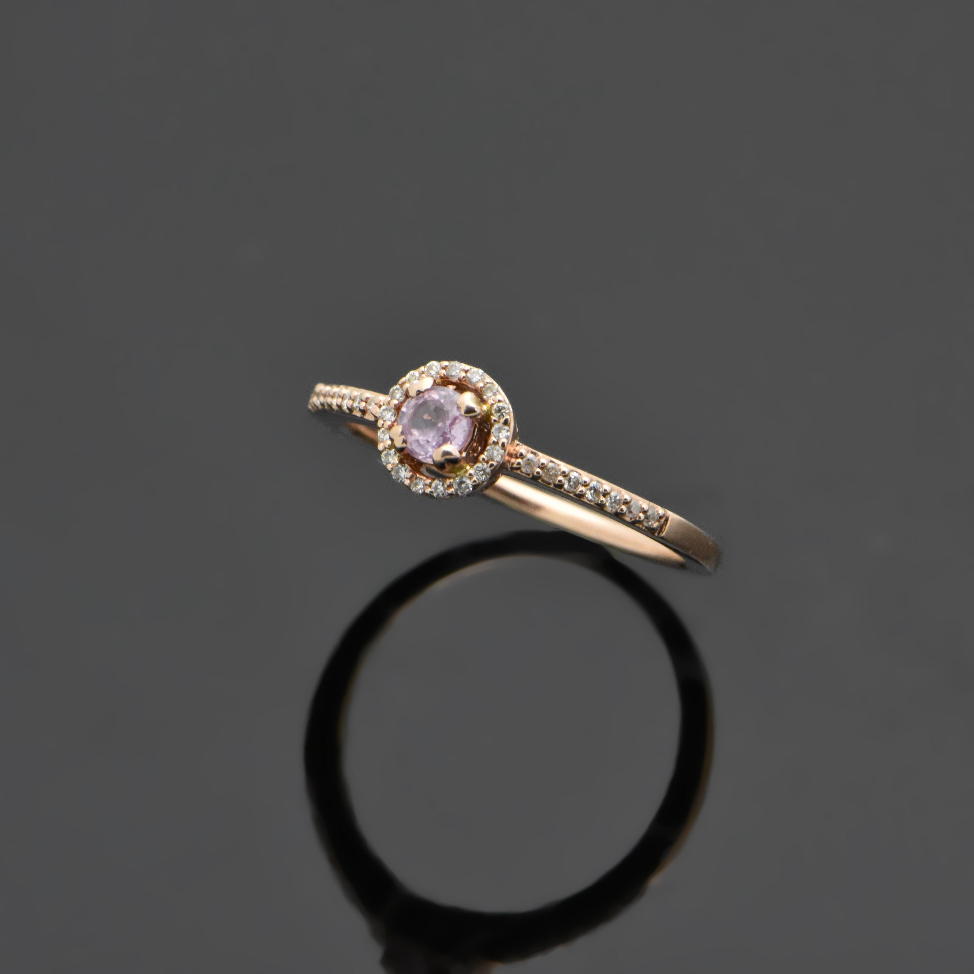 Round Cut 14 Karat Rose Gold Pink Sapphire and Diamonds Ring For Sale