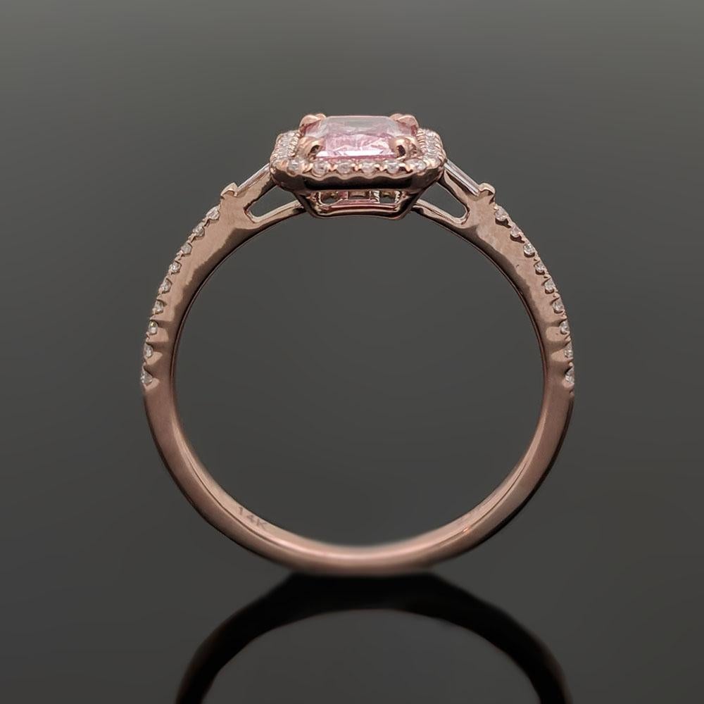 Emerald Cut 14 Karat Rose Gold Pink Sapphire and Diamonds Ring For Sale