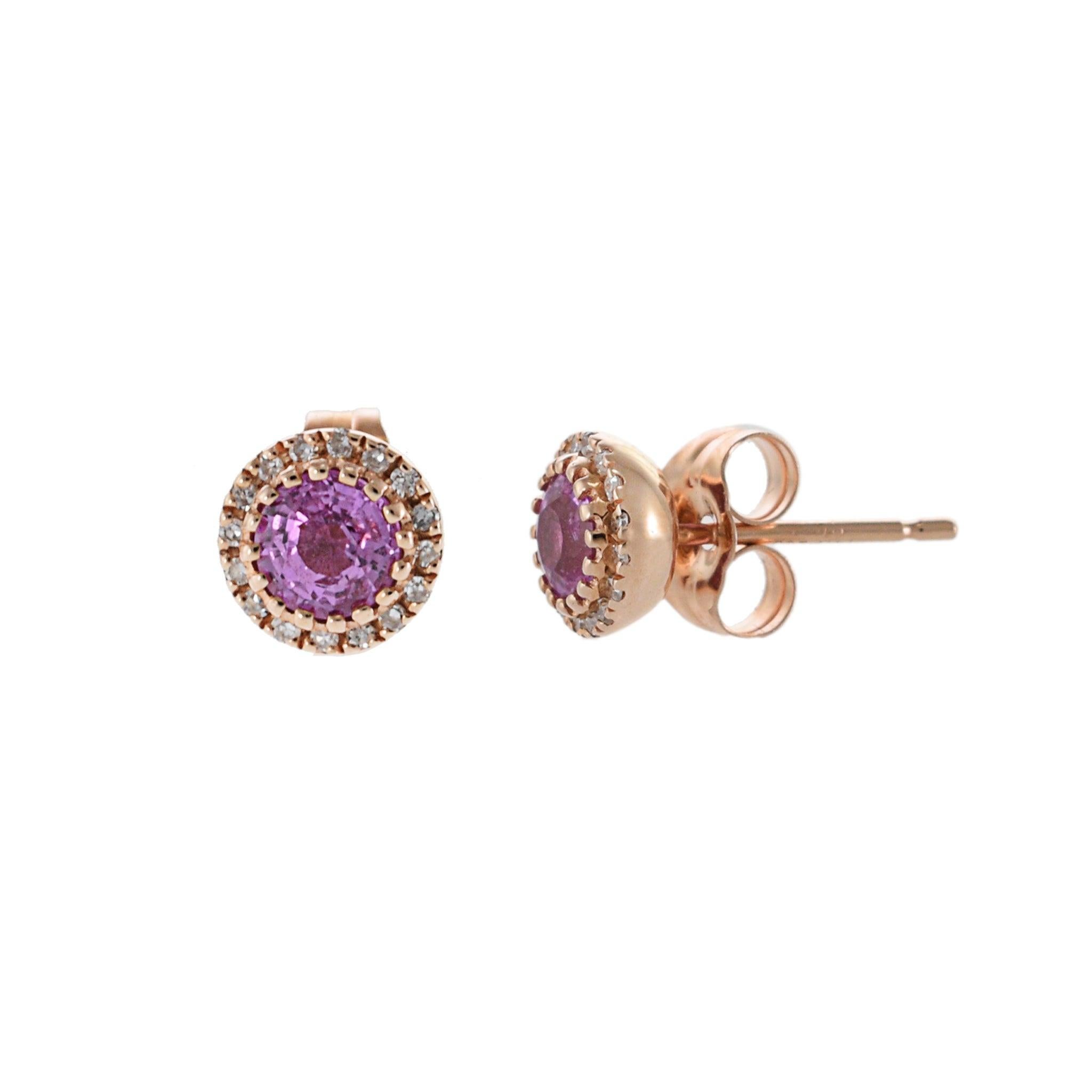 Taglio rotondo Orecchino a cerchio in oro rosa 14KT con zaffiri rosa e diamanti in vendita