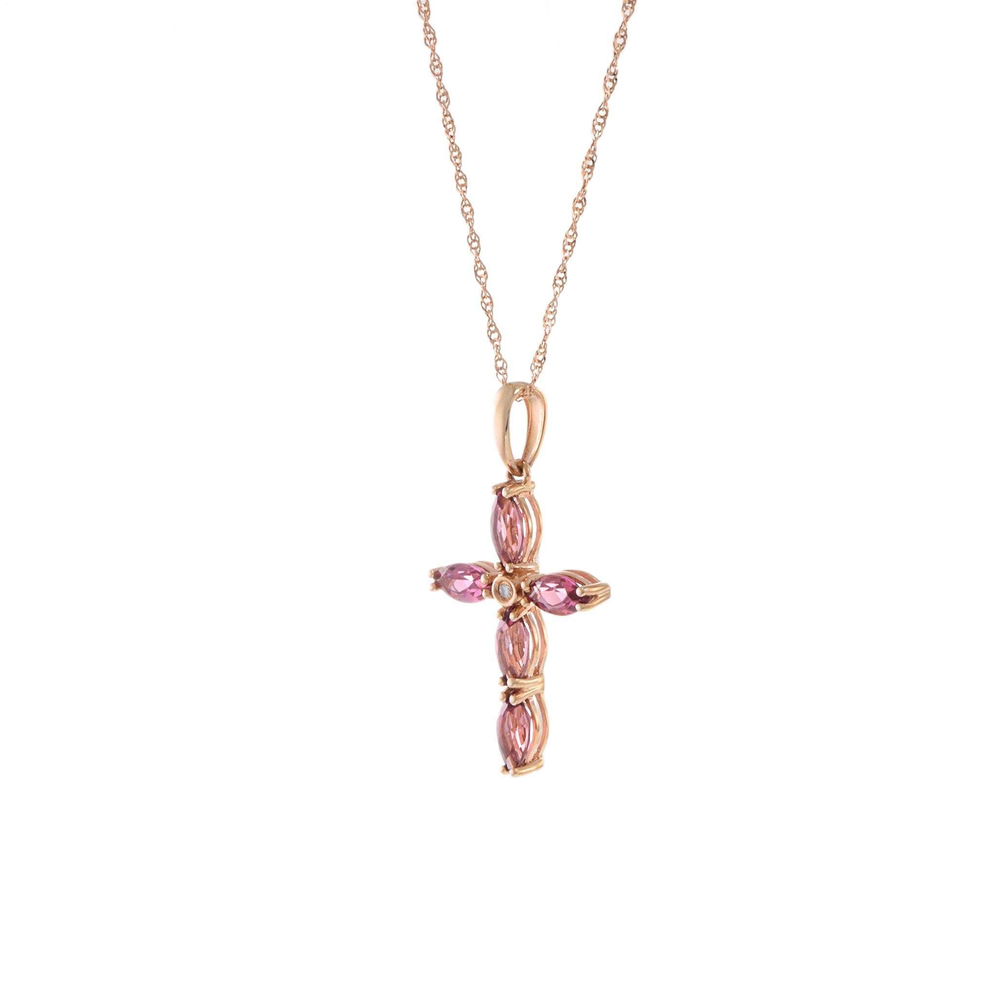 Moderno Collana a croce in oro rosa 14KT con tormalina rosa e diamanti in vendita