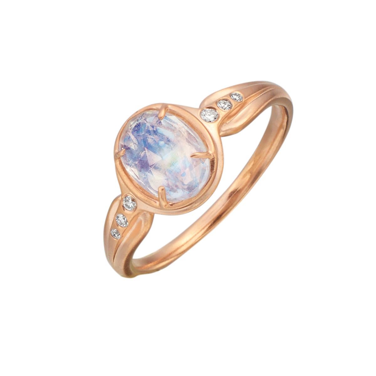 14 Karat Roségold Ring mit blauem Mondstein im Rosenschliff und Diamant-Akzenten Damen im Angebot