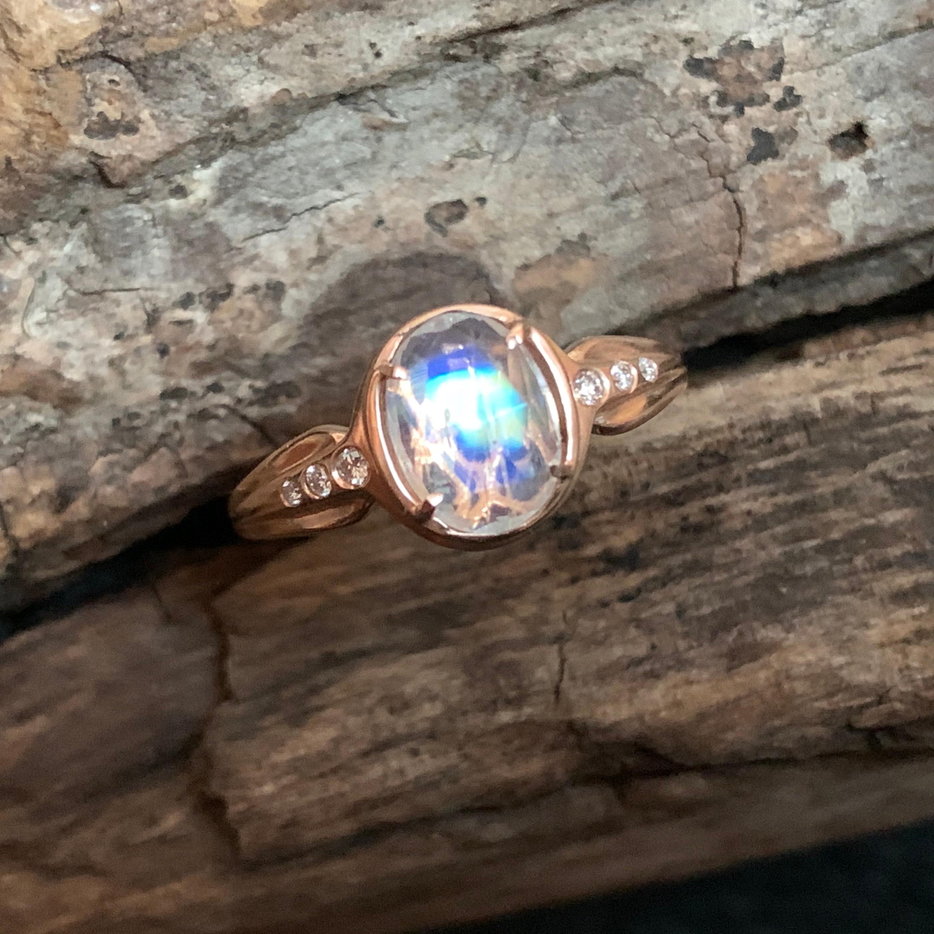 14 Karat Rose Gold Ring with Rose Cut Blue Moonstone and Diamond accents In New Condition For Sale In Weehawken, NJ